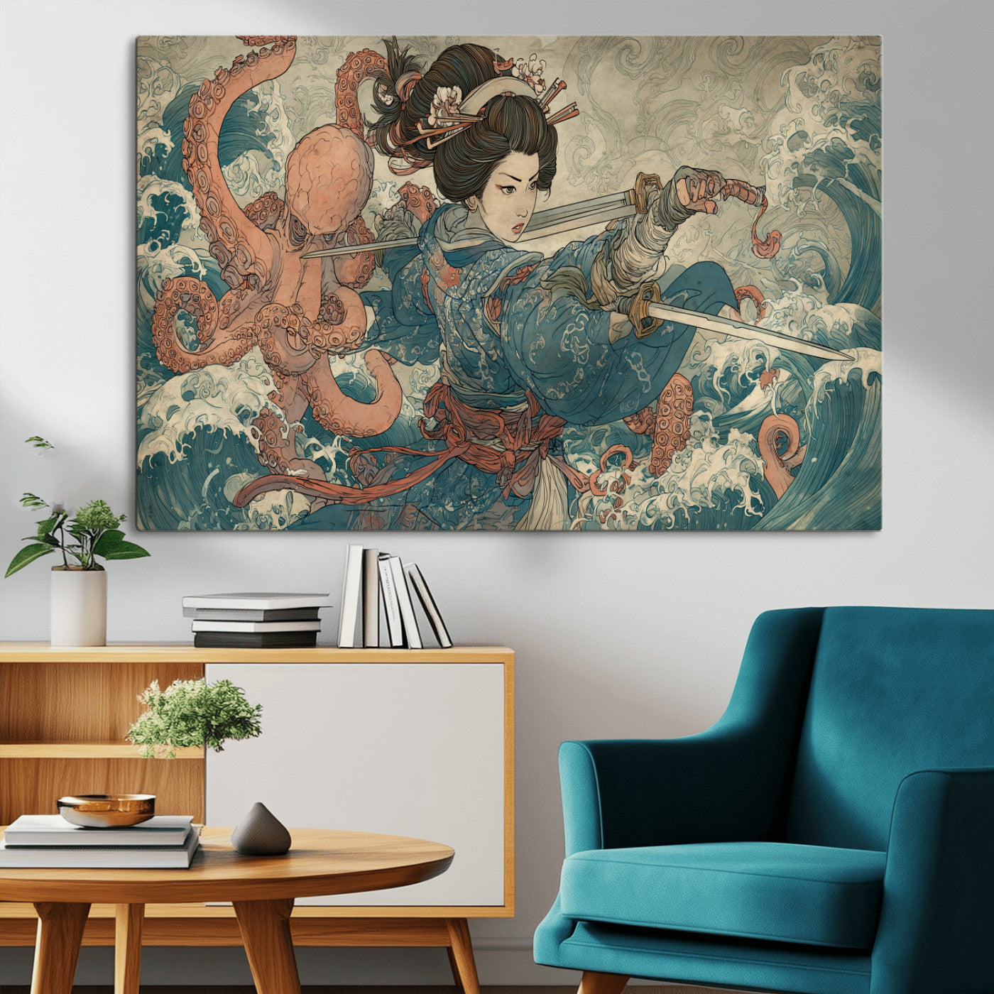 52037775-MGV-CV-36X24-Samurai Woman Wall Art – Japanese Ukiyo e Style Canvas Print with Katana, Ocean Waves and Octopus, Traditional Asian Inspired