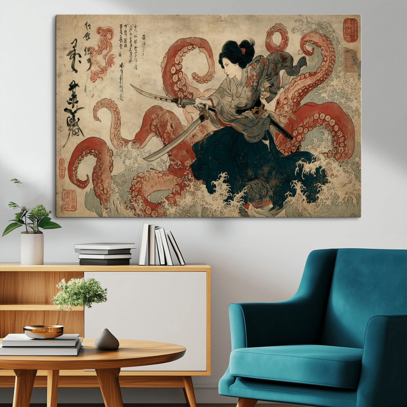 50812504-MGV-CV-36X24-Samurai Woman vs Octopus Wall Art – Japanese Ukiyo-e Red Tentacle Canvas Print, Ocean Battle Artwork for Living Room, Office, Man