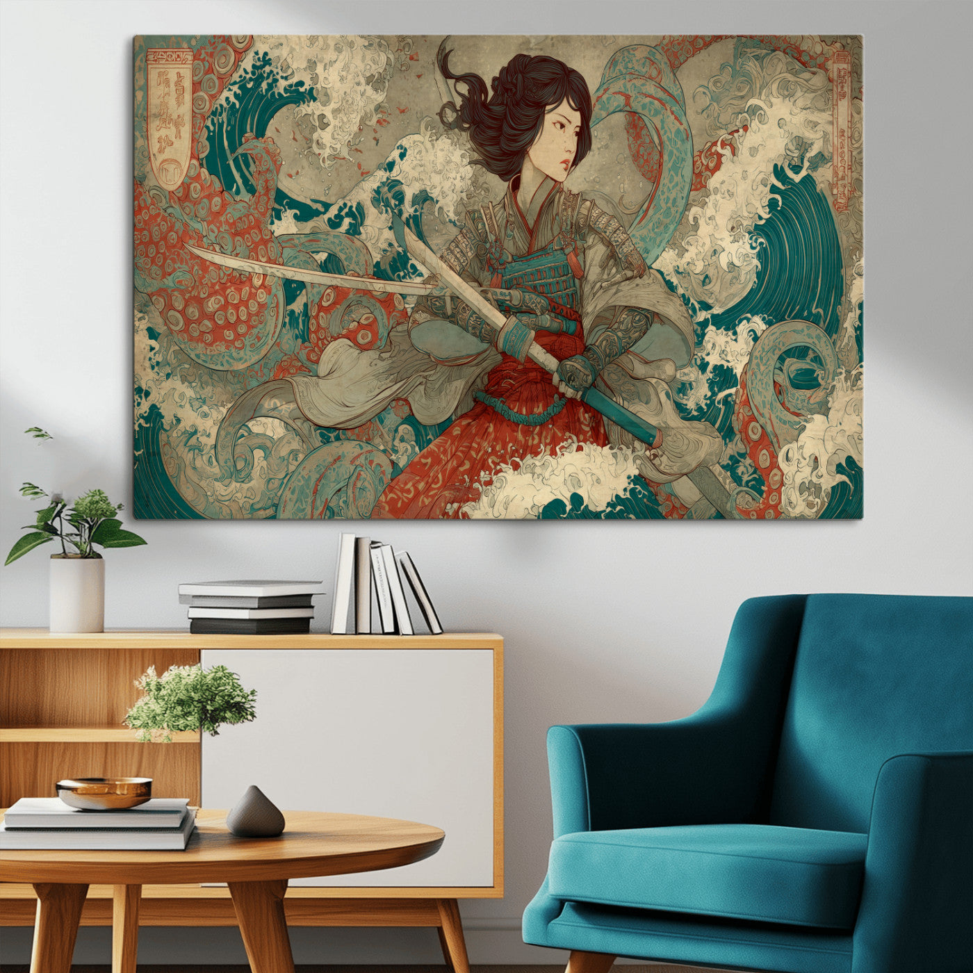 37797255-MGV-CV-36X24-Samurai Woman vs Octopus Wall Art – Japanese Ukiyo-e Red Armor Ocean Battle Canvas Print, Warrior Artwork for Living Room, Office,