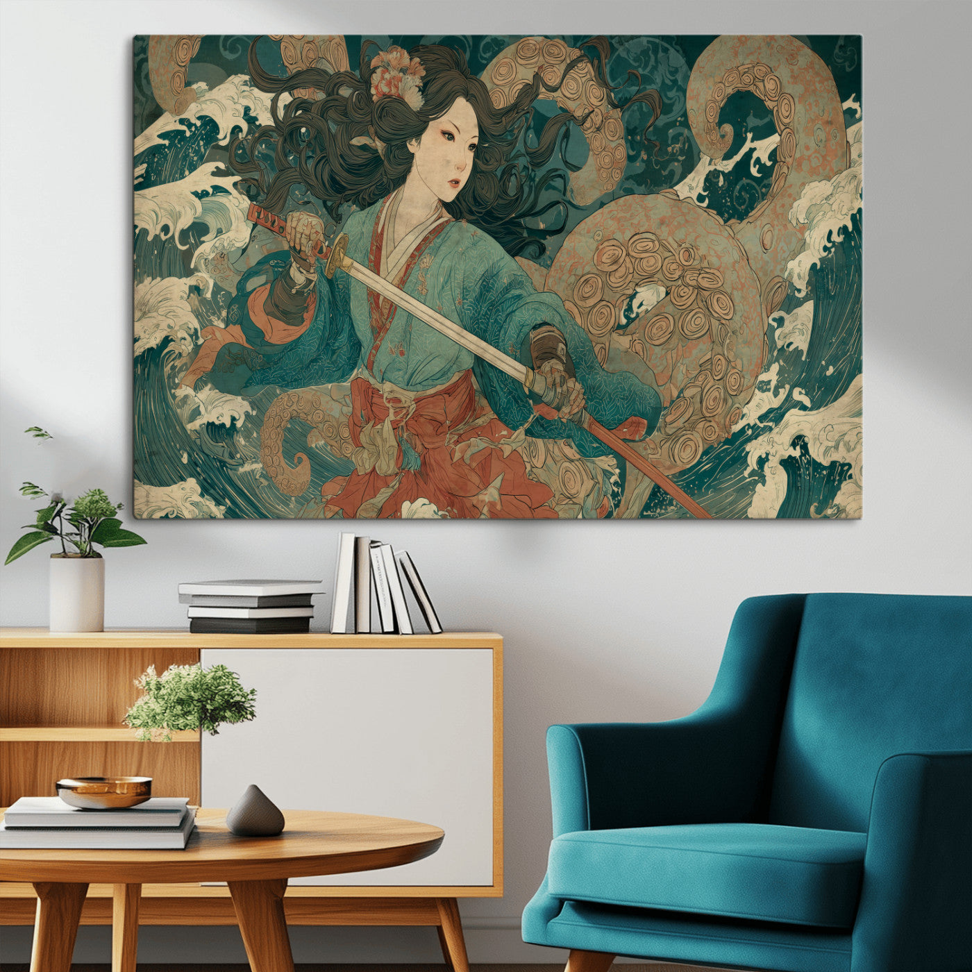 79740258-MGV-CV-36X24-Tsukioka Yoshitoshi Samurai Wall Art Print, Japanese Katana Warrior Canvas Wall Art, Octopus Sea Monster Canvas Print,