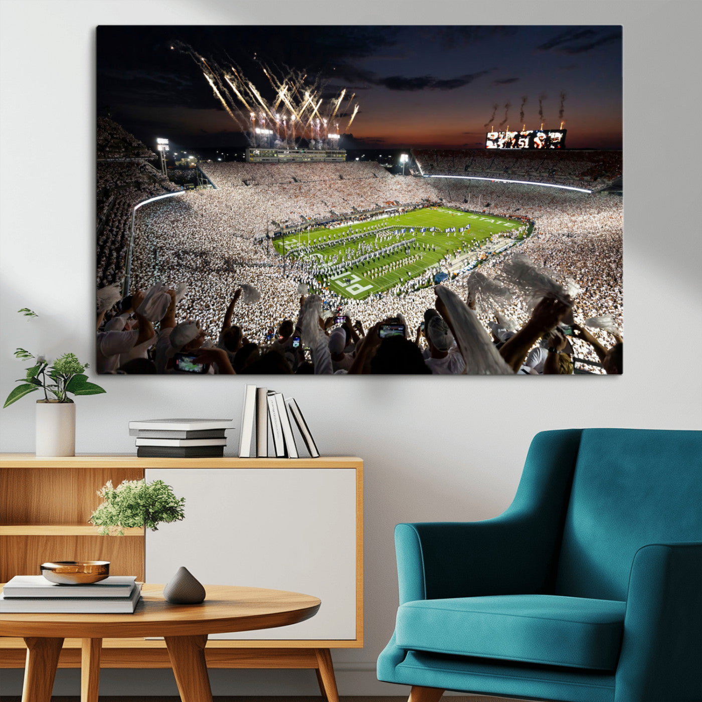 Penn-MGV-CV-36X24-Football Stadium Wall Art – Panoramic Night Game Canvas Print, Packed Crowd with Fireworks, Sports Decor for Office, Man Cave, Bar