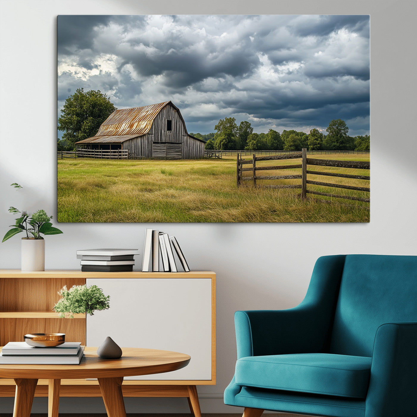 39409517-MGV-CV-36X24-Rustic Barn Wall Art – Weathered Farmhouse and Storm Clouds Canvas Print, Country Landscape Photography Decor for Bedroom, Living