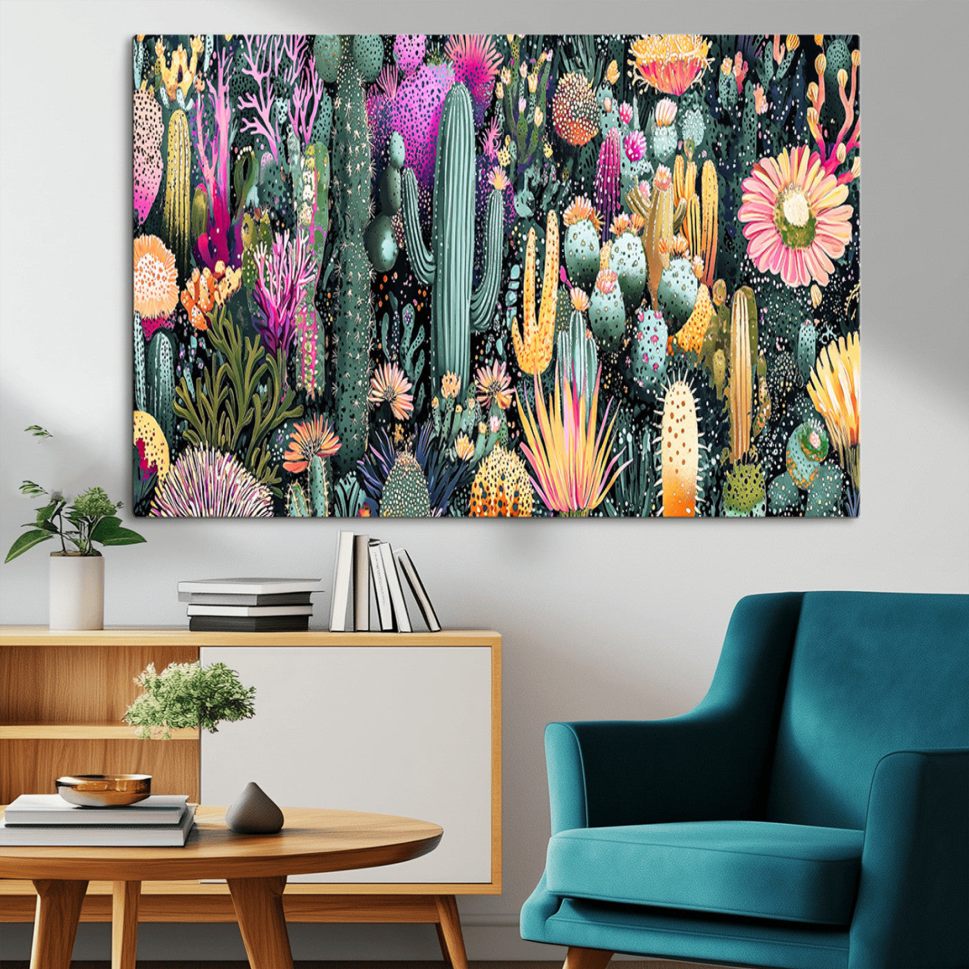 61768646-MGV-CV-36X24-Abstract Cactus Wall Art – Colorful Desert Botanical Print with Vibrant Succulents and Flowers, Modern Boho Southwest Decor for