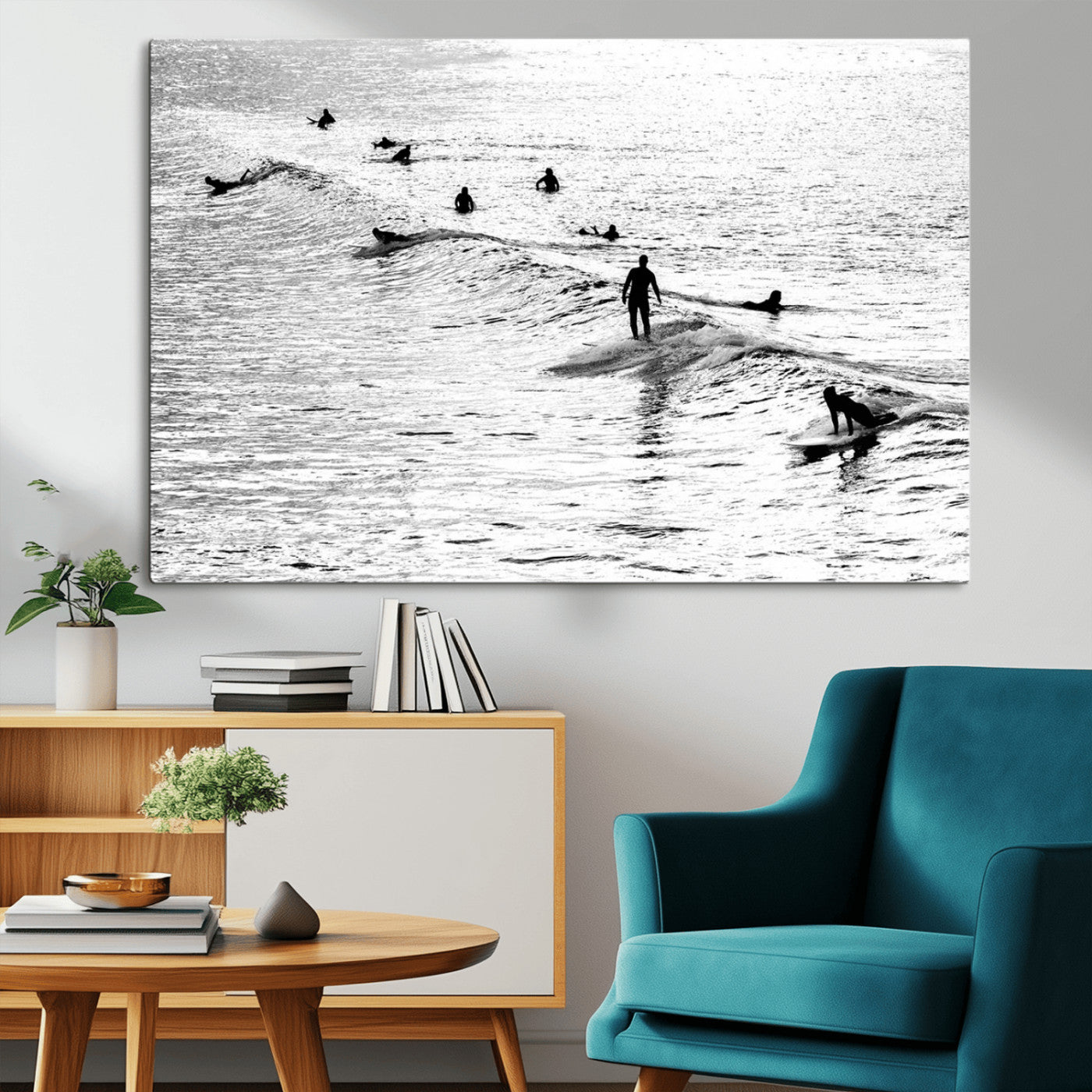 68018616-MGV-CV-36X24-Black and White Surf Photography Print – Minimalist Ocean Wall Art, Surfers Riding Waves, Coastal Beach Decor for Modern Home or
