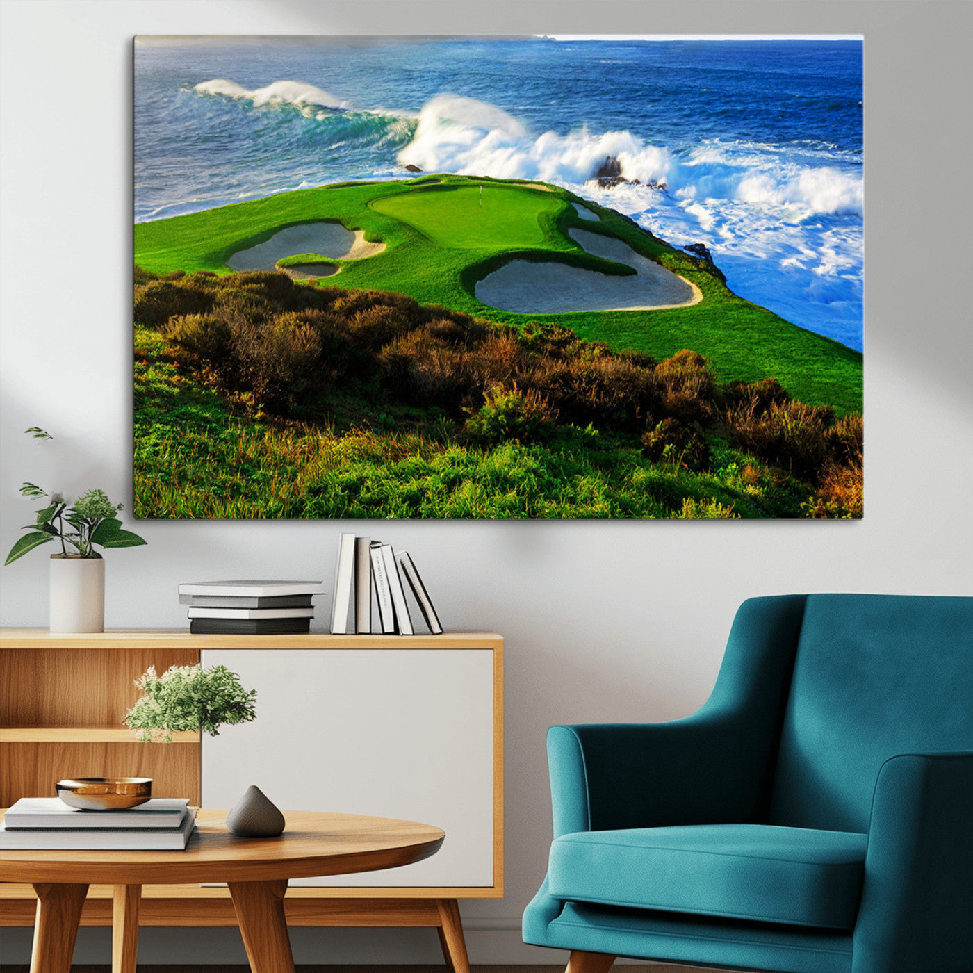 34181847-MGV-CV-36X24-Coastal Golf Course Wall Art – Panoramic Ocean Fairway Canvas Print, Scenic Sports Photography Decor for Office, Man Cave, Living