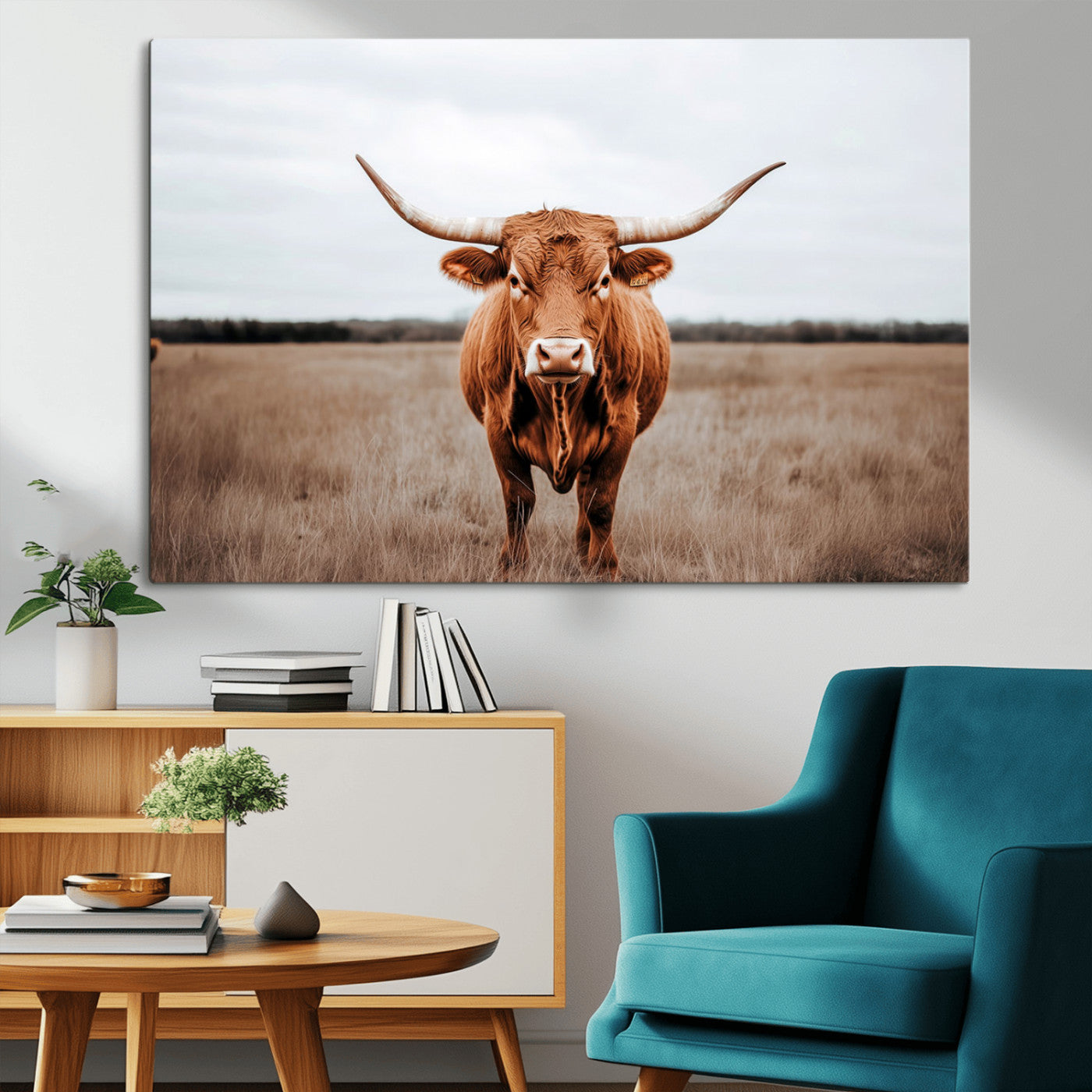 16316734-MGV-CV-36X24-Texas Longhorn Wall Art – Rustic Bull Portrait Canvas Print, Western Farmhouse Animal Photography Decor for Living Room, Office,