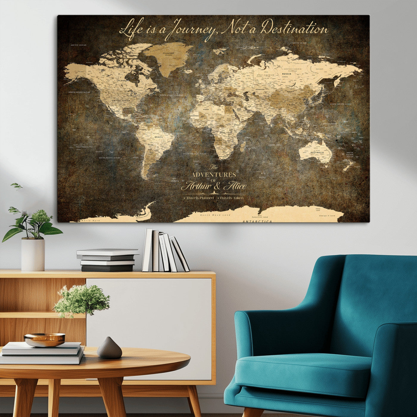 13394308-MGV-CV-36X24-Personalized World Map Wall Art – Dark Rustic Vintage Adventure Travel Map with Custom Couple Names, Timeless Wall Decor for Home