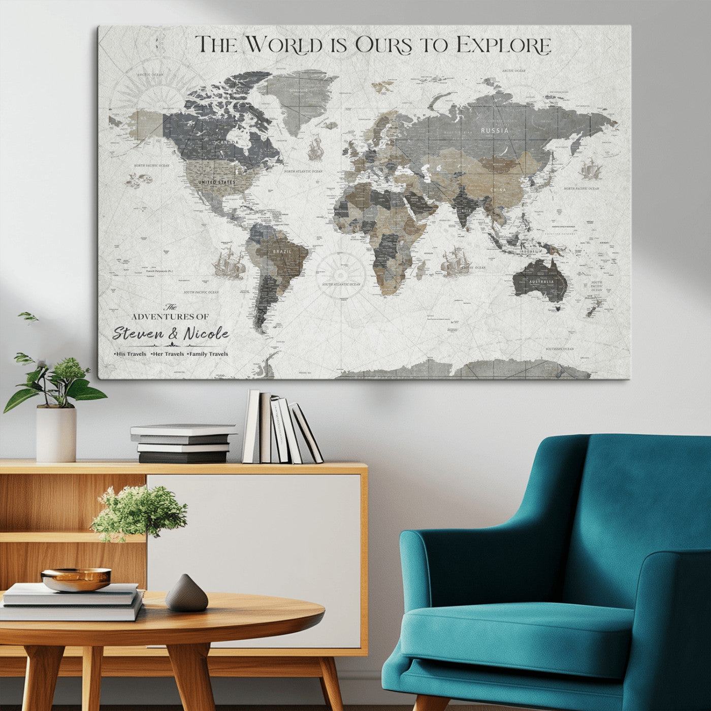 97082026-MGV-CV-36X24-Personalized World Map Wall Art – Vintage Gray Adventure Travel Map with Custom Couple or Family Names, Rustic Wall Decor for Home