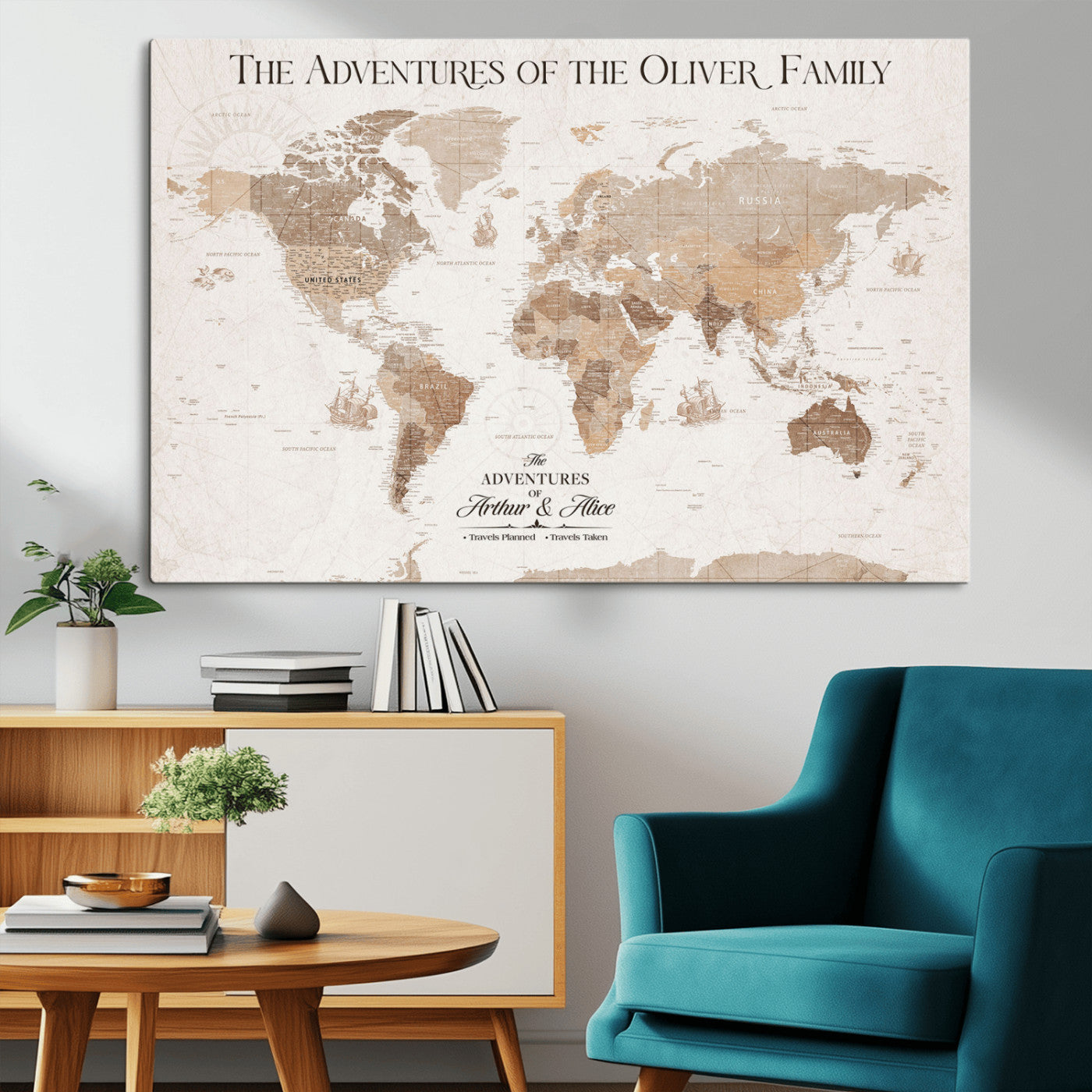 43869621-MGV-CV-36X24-Personalized World Map Wall Art – Light Beige Sepia Adventure Travel Map with Custom Family or Couple Names, Rustic Wall Decor for