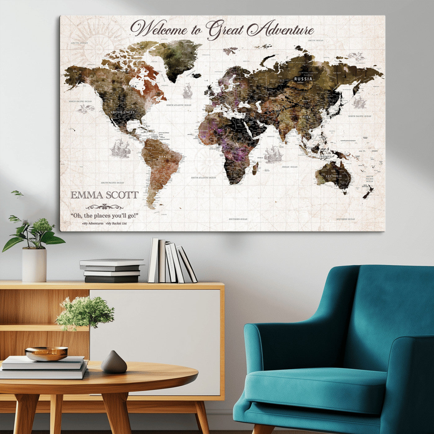 33631532-MGV-CV-36X24-Personalized World Map Wall Art – Dark Vintage Adventure Travel Map with Custom Names, Rustic Wall Decor for Couples, Home or