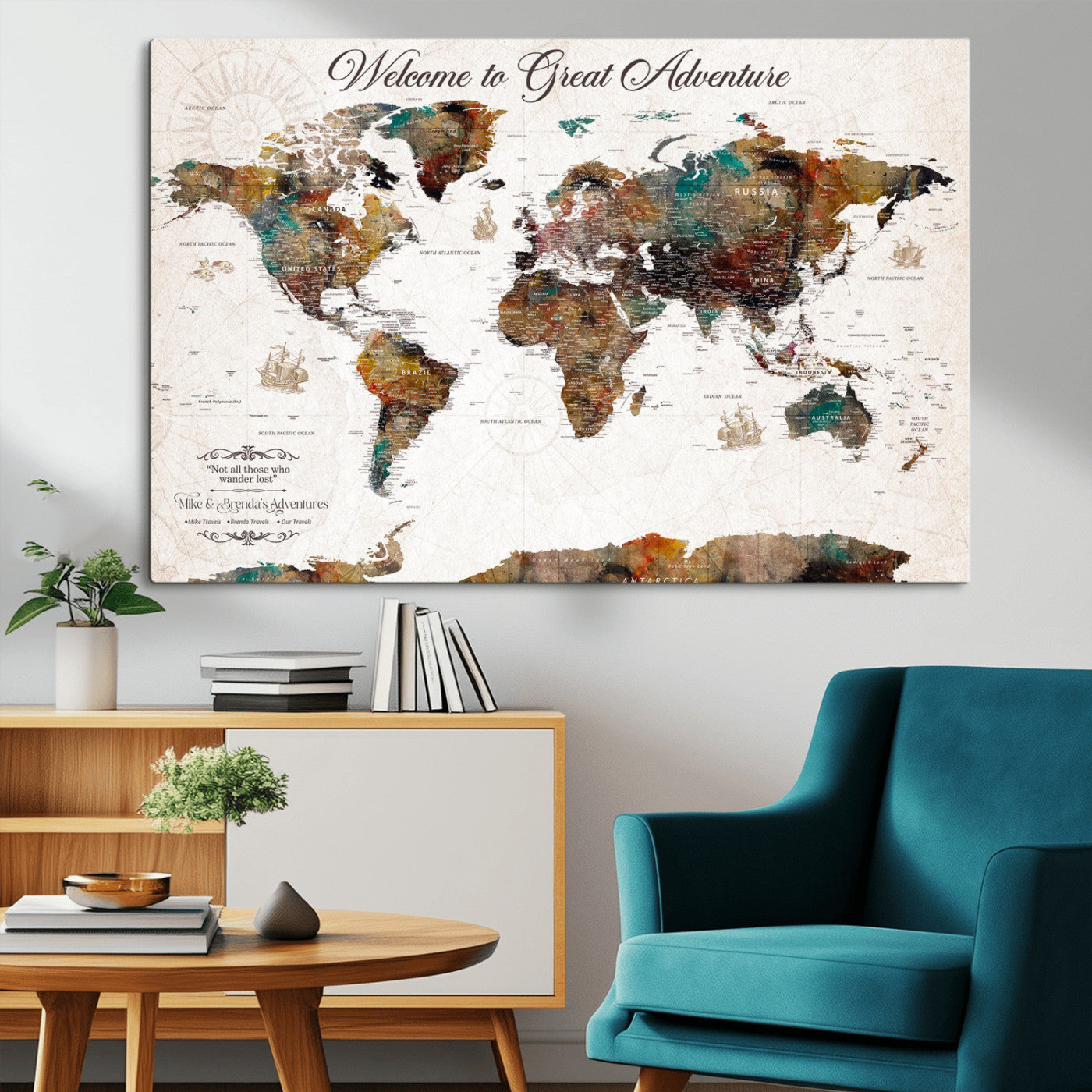 67029173-MGV-CV-36X24-Personalized World Map Wall Art – Colorful Vintage Adventure Travel Map with Custom Couple Names, Rustic Wall Decor for Home,