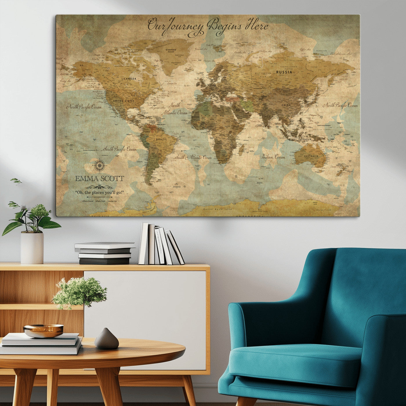 54795344-MGV-CV-36X24-Personalized World Map Wall Art – Vintage Adventure Travel Map with Custom Names, Rustic Wall Décor for Couples, Families