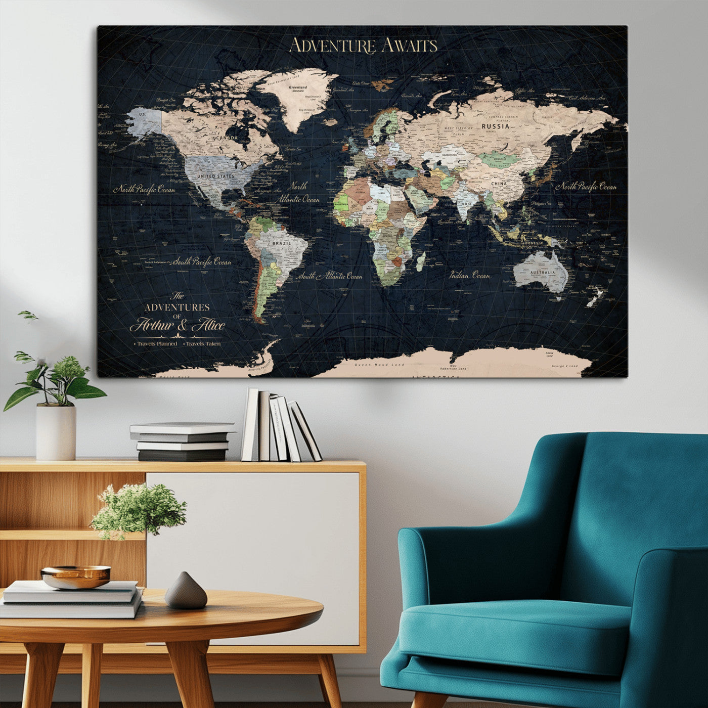 15547583-MGV-CV-36X24-Personalized World Map Wall Art – Rustic Navy Adventure Awaits Travel Map with Custom Couple Names, Vintage Wall Decor for Home or