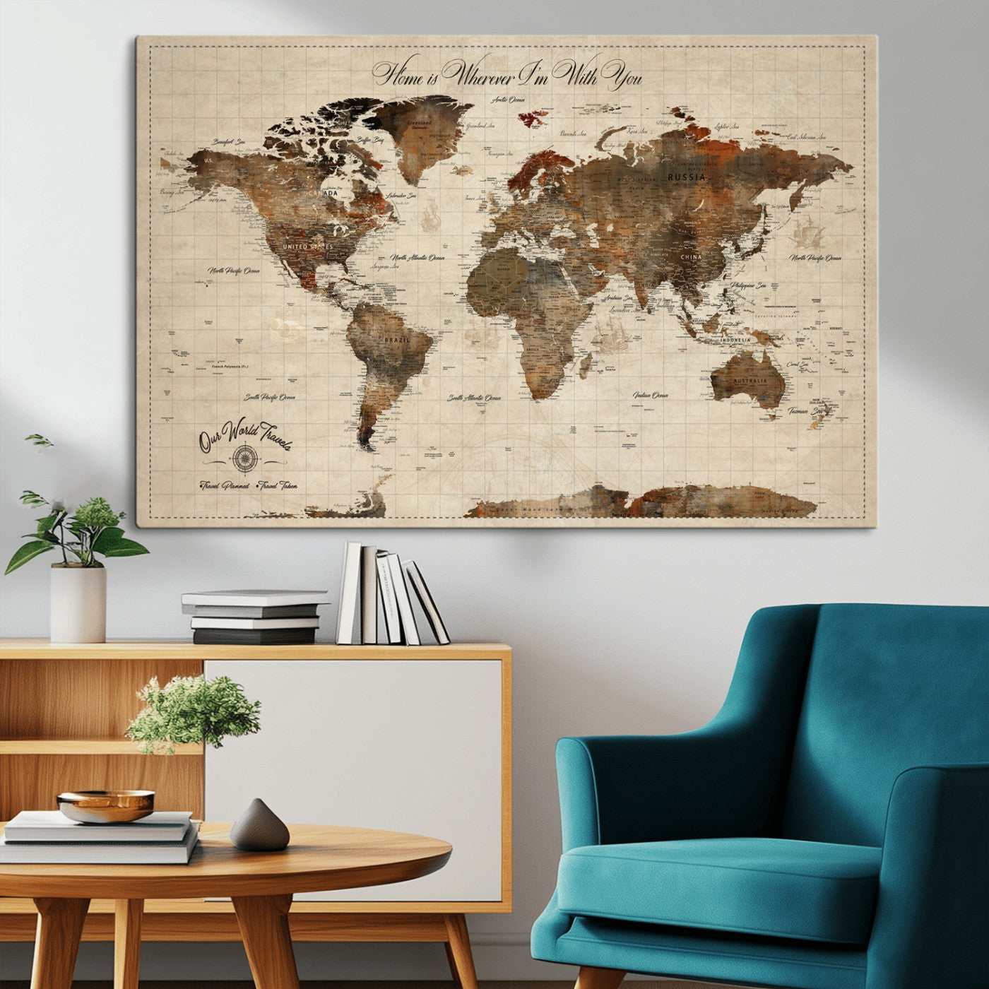 48225643-MGV-CV-36X24-Personalized World Map Wall Art – Rustic Vintage Adventure Travel Map with Custom Couple Names, Romantic Wall Decor for Home or