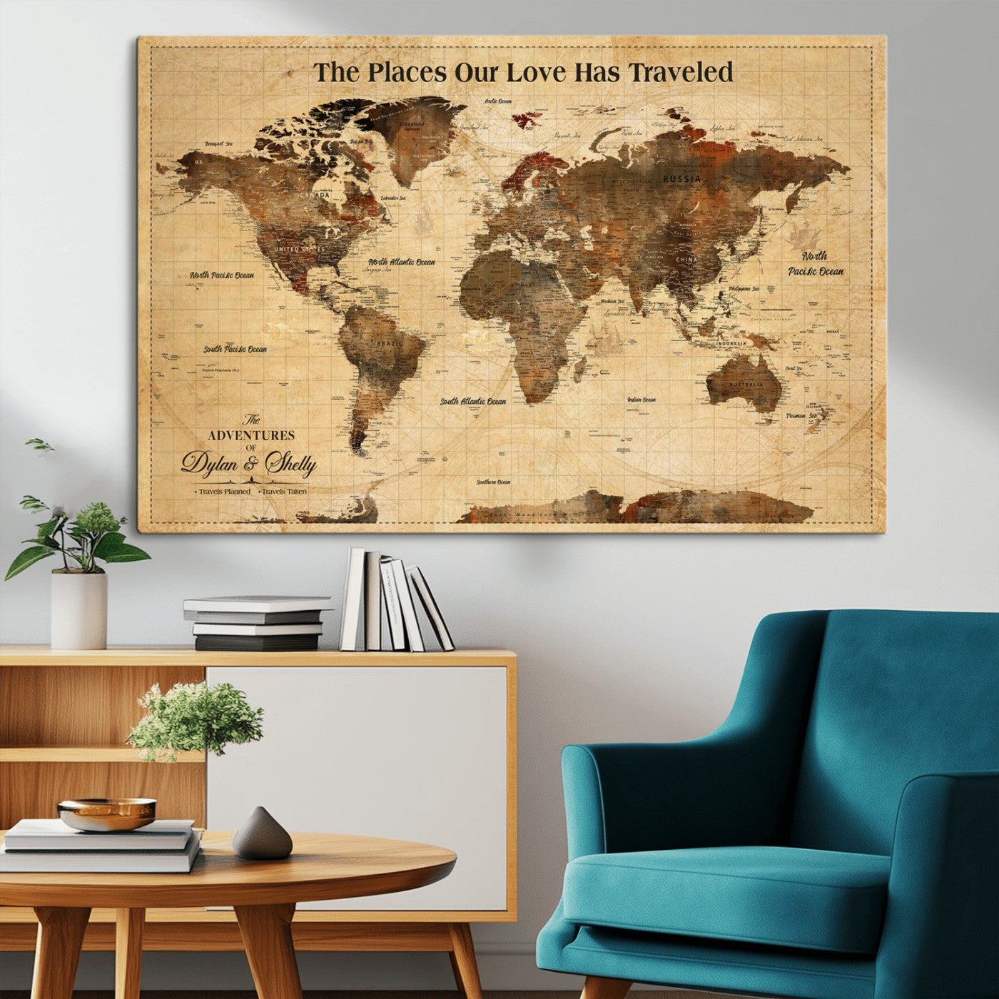50680593-MGV-CV-36X24-Personalized World Map Wall Art – Rustic Brown Adventure Travel Map with Custom Names, Elegant Push Pin Canvas for Couples Home,