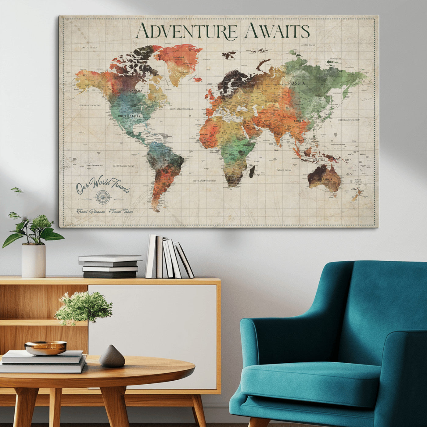 24737989-MGV-CV-36X24-Personalized World Map Wall Art – Colorful Vintage Adventure Travel Map with Custom Names, Unique Wall Decor for Couples,