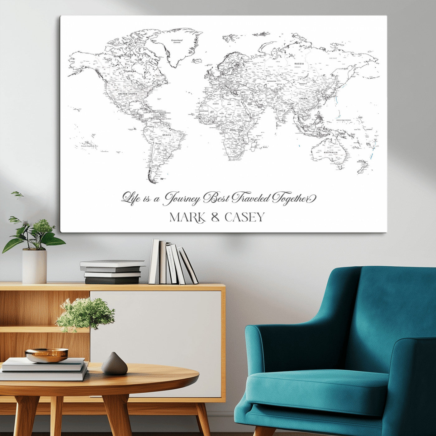 43438578-MGV-CV-36X24-Personalized World Map Wall Art – Black and White Minimal Travel Map with Custom Names, Elegant Wall Decor for Couples, Wedding or