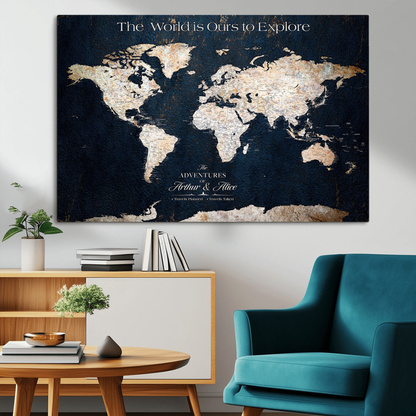 13231361-MGV-CV-36X24-Personalized World Map Wall Art – Navy Blue Vintage Adventure Travel Map with Custom Names, Elegant Push Pin Canvas for Couples