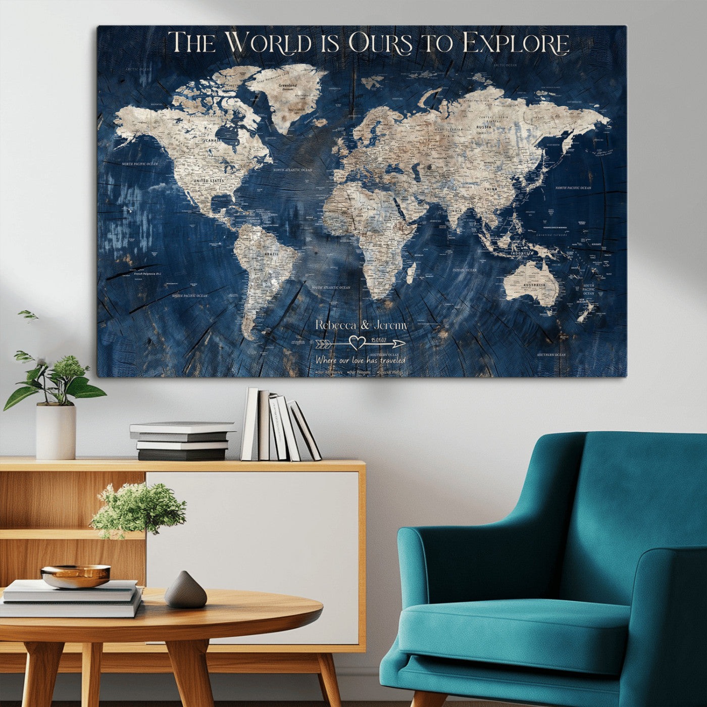 16933330-MGV-CV-36X24-Personalized World Map Wall Art – Navy Blue Vintage Travel Map with Custom Names, Anniversary Gift for Couples Romantic Adventure