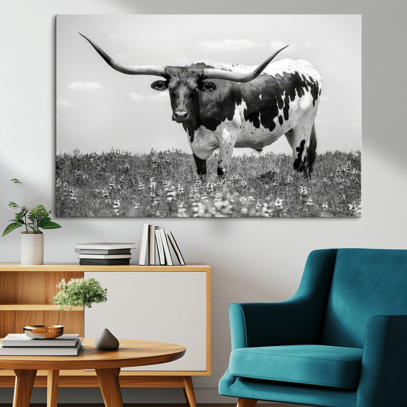 83785-MGV-CV-36X24-Texas Longhorn Wall Art Canvas Print, Framed Horned Bull Art Picture Print, Monochrome Cattle Perfect Rustic Western Decor Artwork
