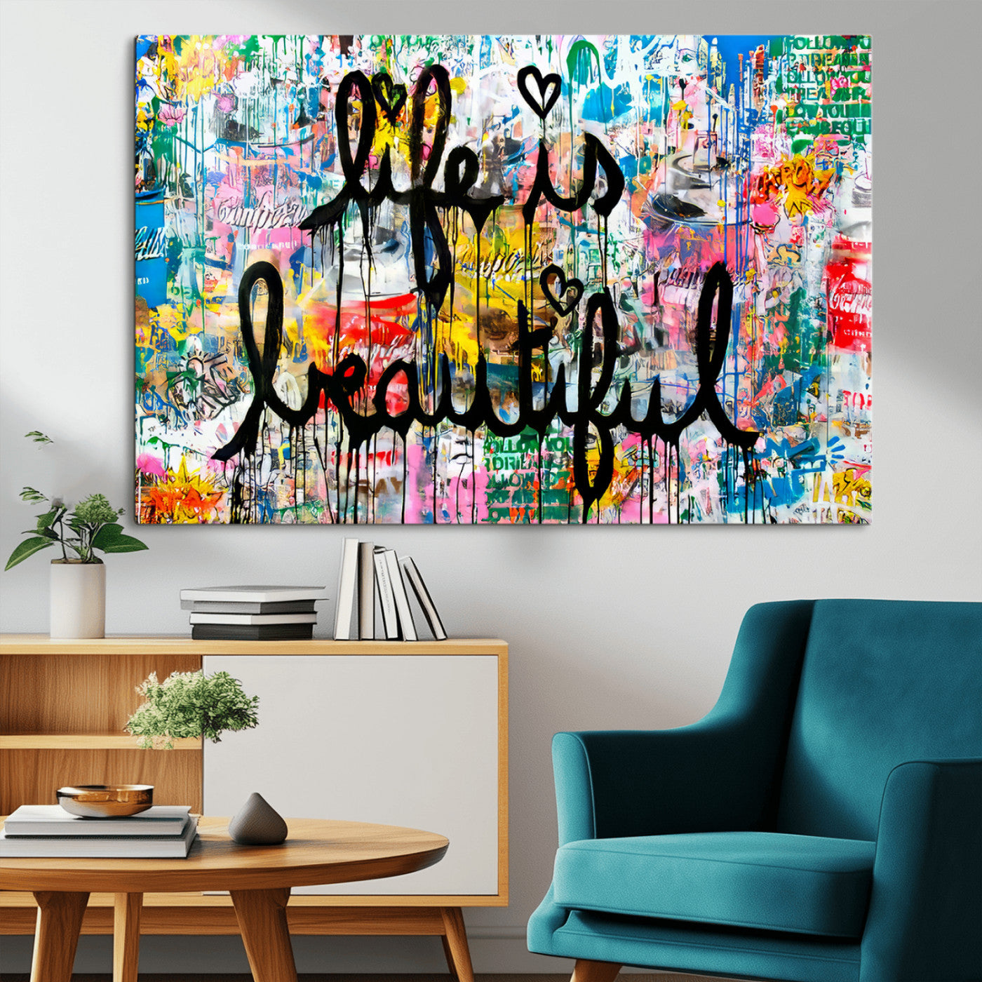 36856-MGV-CV-36X24-Life Is Beautiful Wall Art – Colorful Graffiti Canvas Print, Modern Street Style Artwork, Inspirational Decor for Living Room,