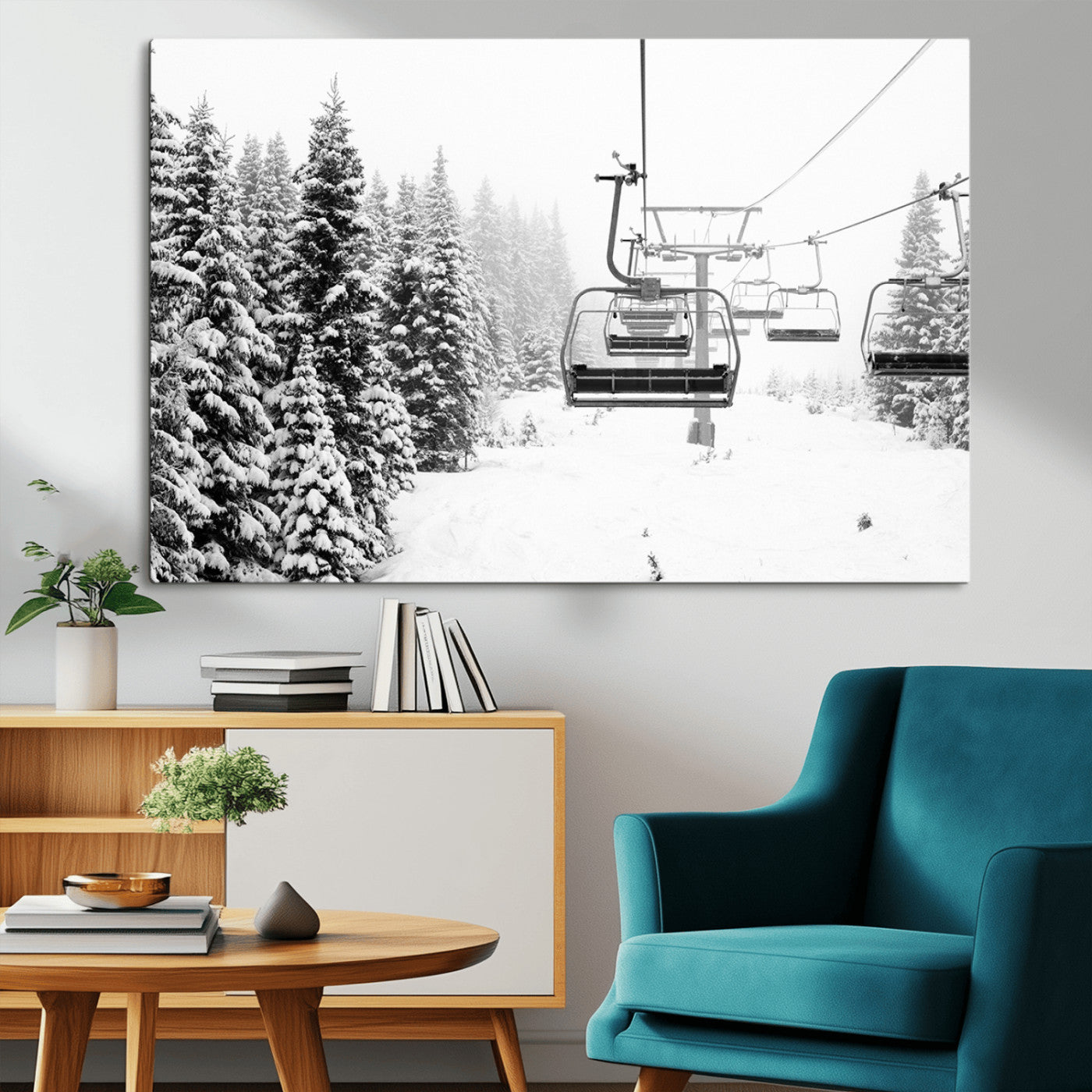 49274-MGV-CV-36X24-Snowy Forest Wall Art Canvas Print, Framed Ski Lift Art Picture Print, Mountain Snow Perfect Minimal Winter Lodge Decor Artwork