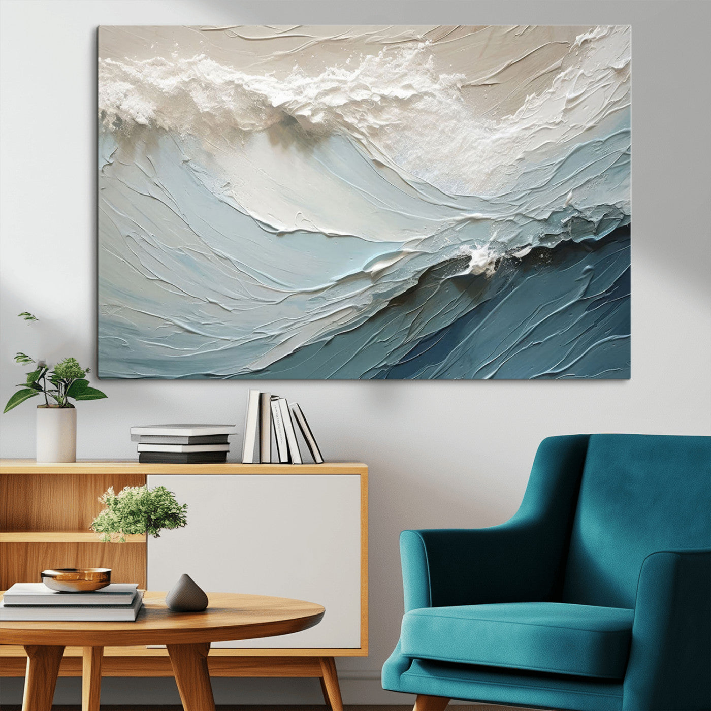 53646-MGV-CV-36X24-Ocean Wave Wall Art Canvas Print, Framed Textured Seascape Art Picture Print, Modern Ocean Perfect Minimal Coastal 2/2 Decor