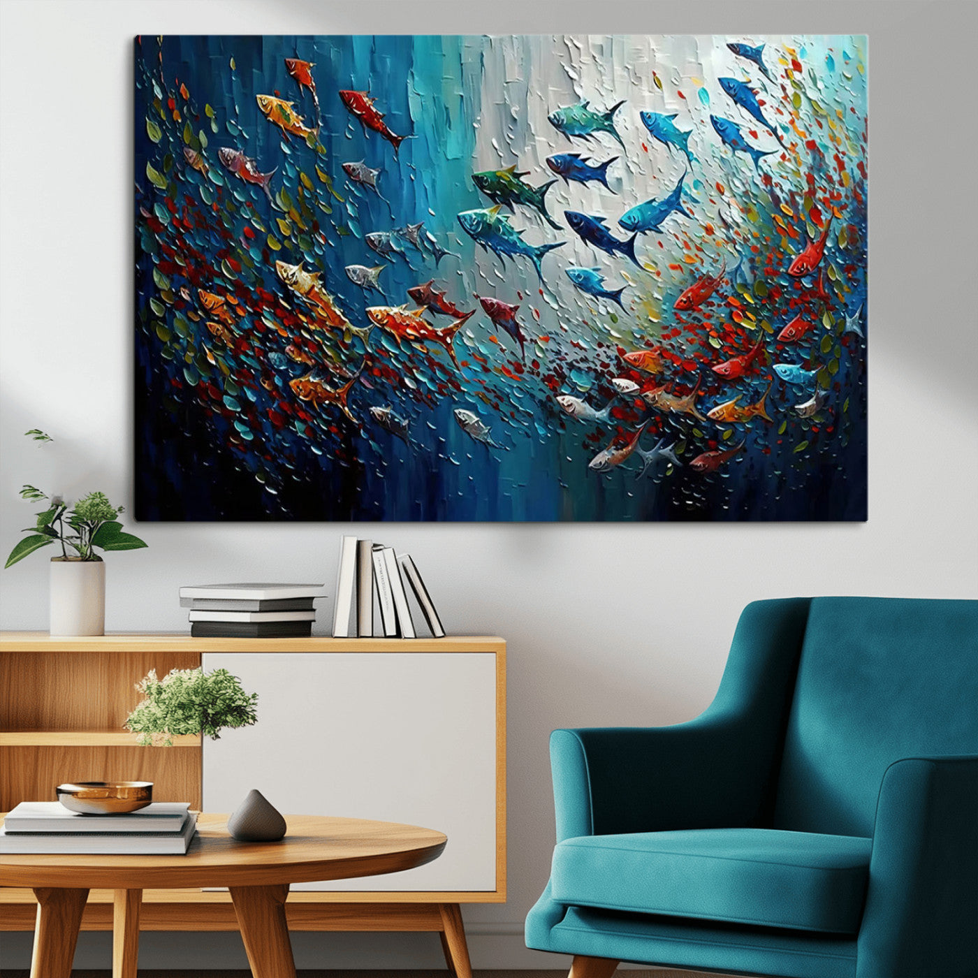 89626-MGV-CV-36X24-Fish Swarm Wall Art Canvas Print, Framed Abstract Ocean Art Picture Print, Underwater Life Perfect Vibrant Coastal Decor Artwork