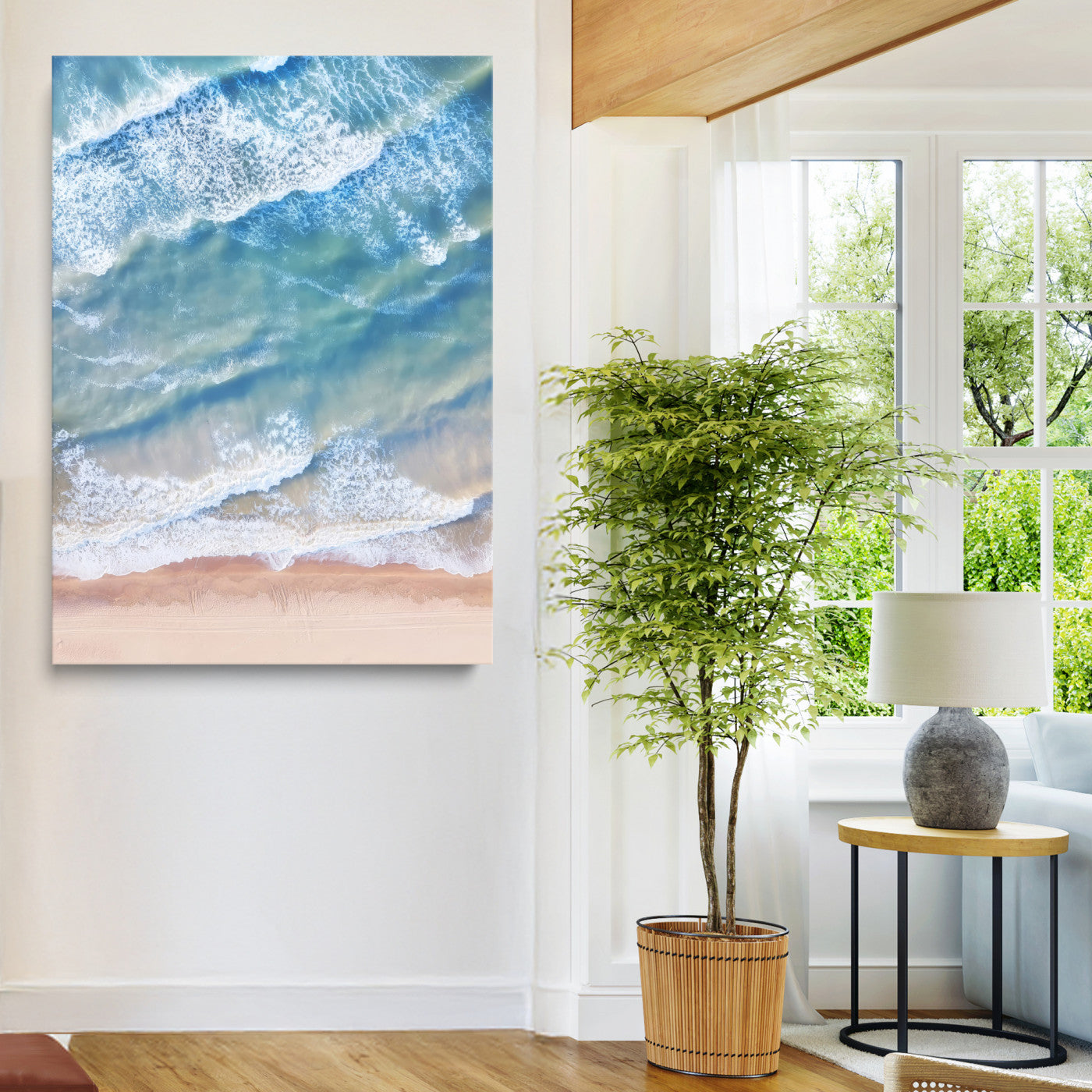 81208260-MGV-CV-24X36-Aerial Ocean Wall Art Canvas Print, Framed Blue Waves Art Picture Print, Sandy Shoreline Perfect Modern Coastal Decor Artwork