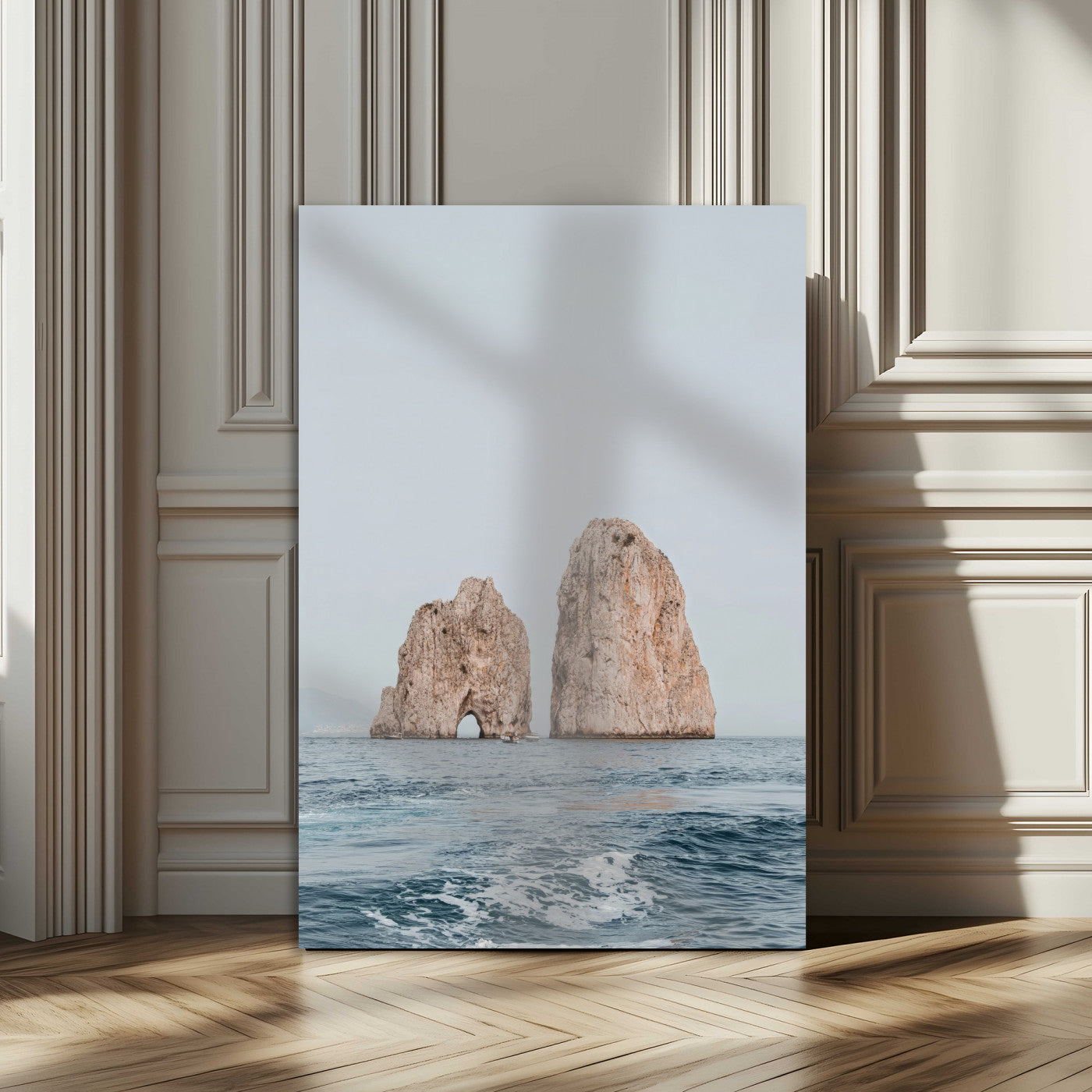 23148844-MGV-CV-24X36-Faraglioni Capri Wall Art Canvas Print, Framed Serene Ocean Art Picture Print, Mediterranean Coastal Perfect Mediterranean