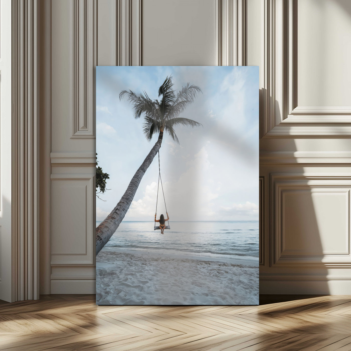 86062249-MGV-CV-24X36-Tropical Swing Wall Art Canvas Print, Framed Ocean Horizon Art Picture Print, Palm Trees Perfect Tropical Minimalist Decor Artwork
