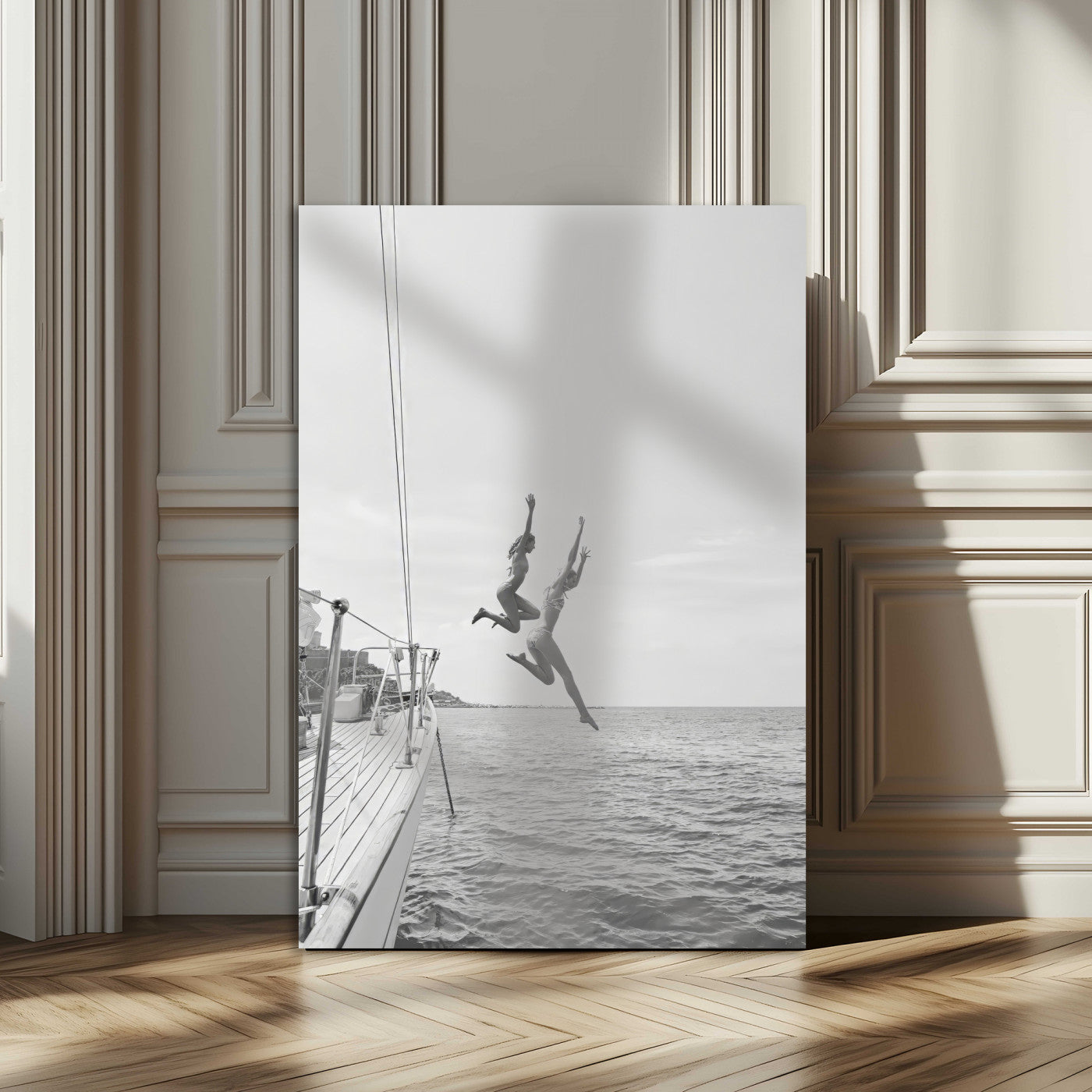 74555508-MGV-CV-24X36-Black White Sailing Wall Art Canvas Print, Framed Ocean Adventure Art Picture Print, Summer Energy Perfect Modern Minimalism Decor