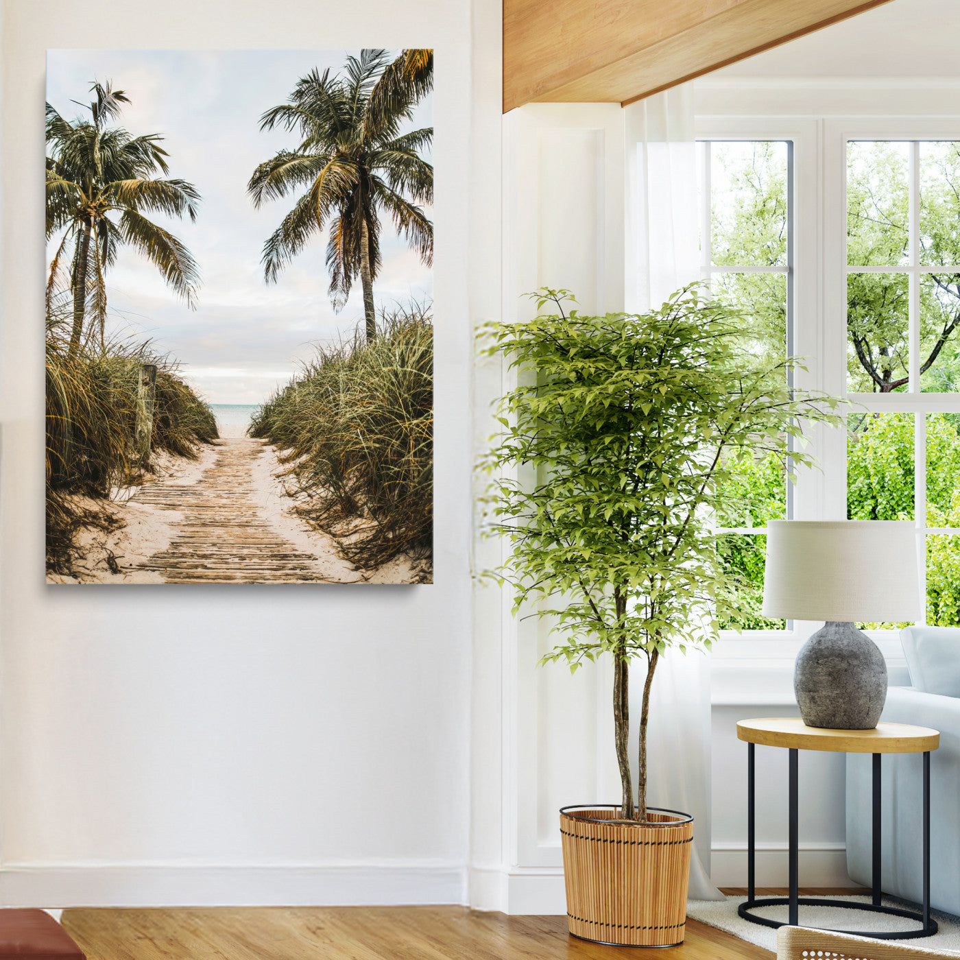 47319550-MGV-CV-24X36-Tropical Beach Wall Art Canvas Print, Framed Rustic Sand Art Picture Print, Palm Tree Perfect Tropical Coastal Decor Artwork