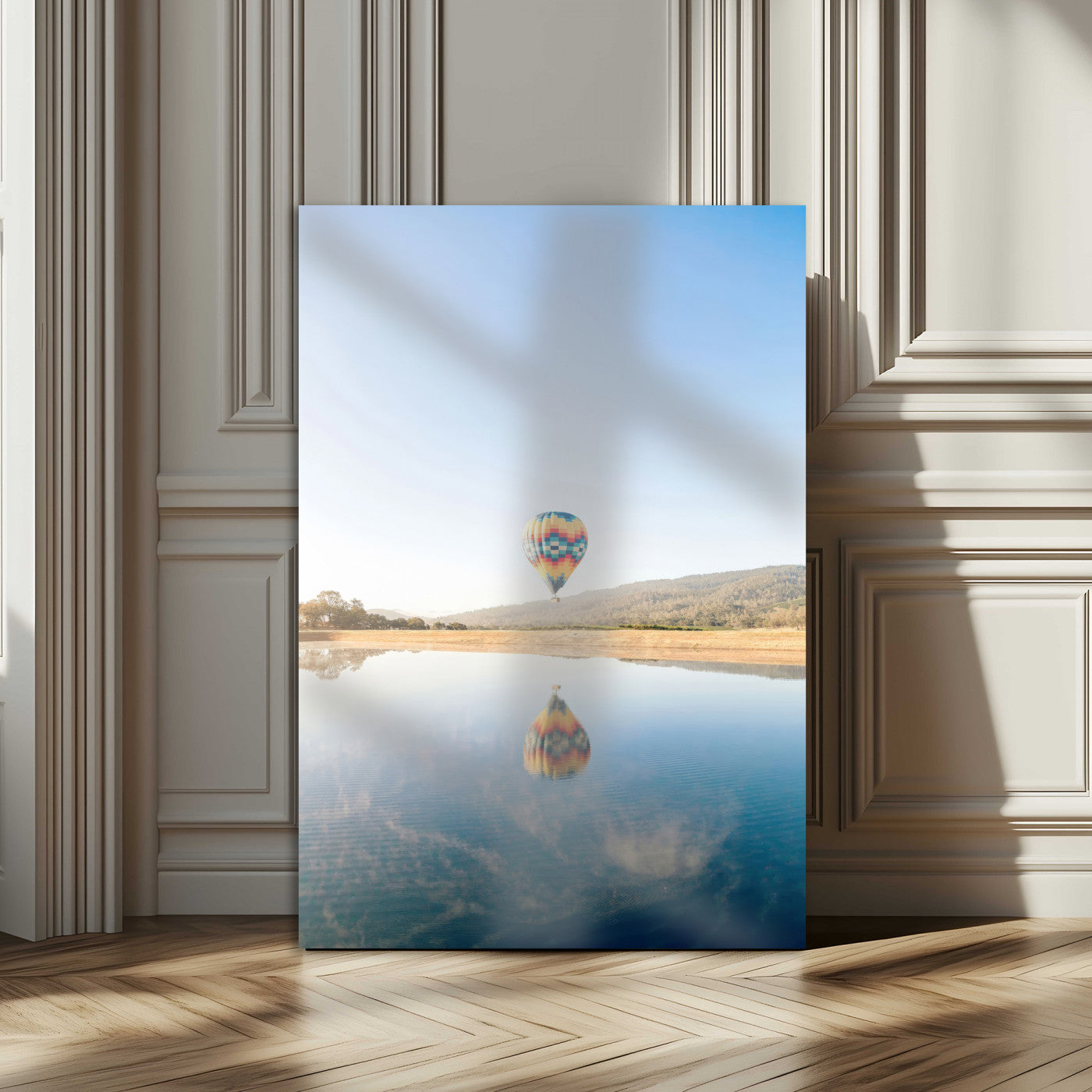 98091684-MGV-CV-24X36-Hot Air Balloon Wall Art Canvas Print, Framed Flight Reflection Art Picture Print, Peaceful Lakeside Perfect Modern Minimalist