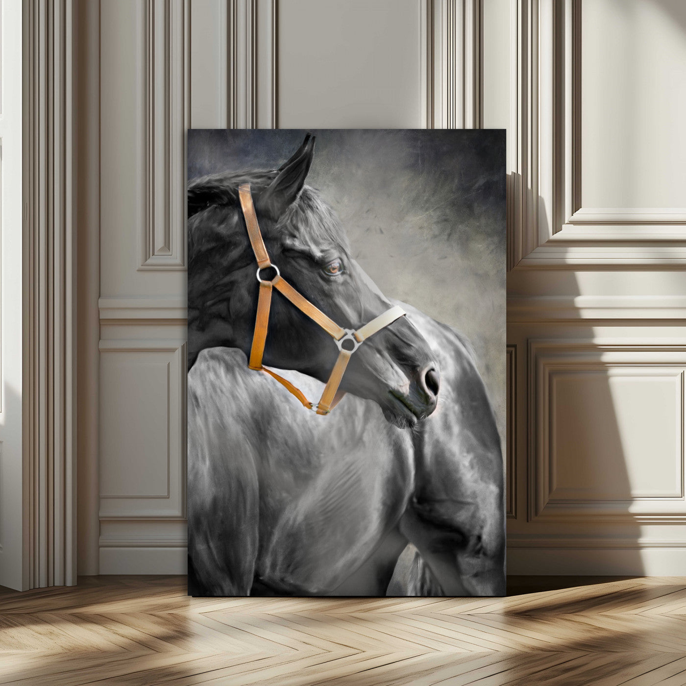 40324916-MGV-CV-24X36-Horse Wall Art – Equestrian Canvas Print, Elegant Black Stallion Portrait with Golden Halter, Rustic Western Photography Decor for