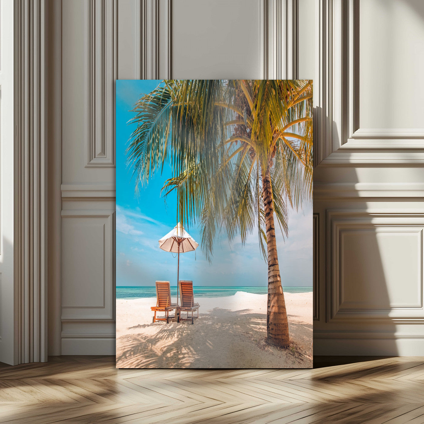 51024-MGV-CV-24X36-Tropical Beach Wall Art Canvas Print, Framed Palm Tree Art Picture Print, Sandy Shoreline Perfect Minimalist Coastal Decor Artwork