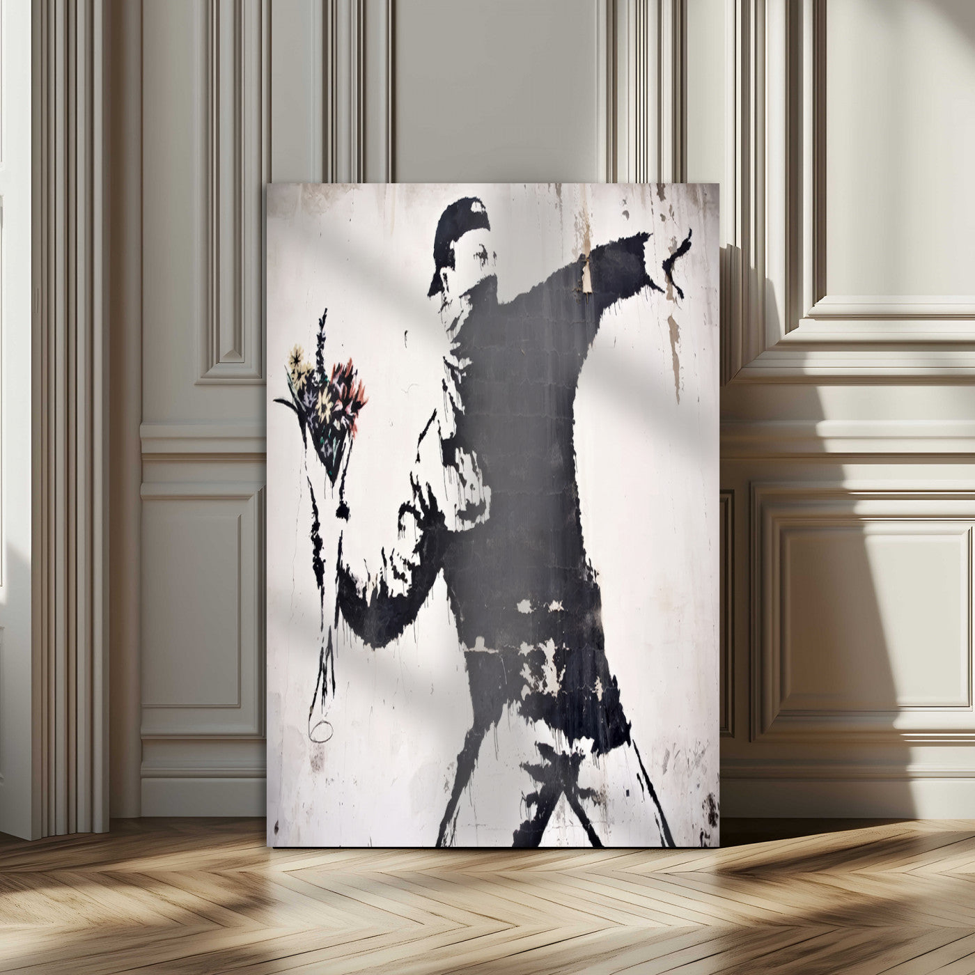64032-MGV-CV-24X36-Flower Thrower Wall Art Canvas Print, Framed Urban Protest Art Picture Print, Graffiti Style Perfect Urban Contemporary Decor
