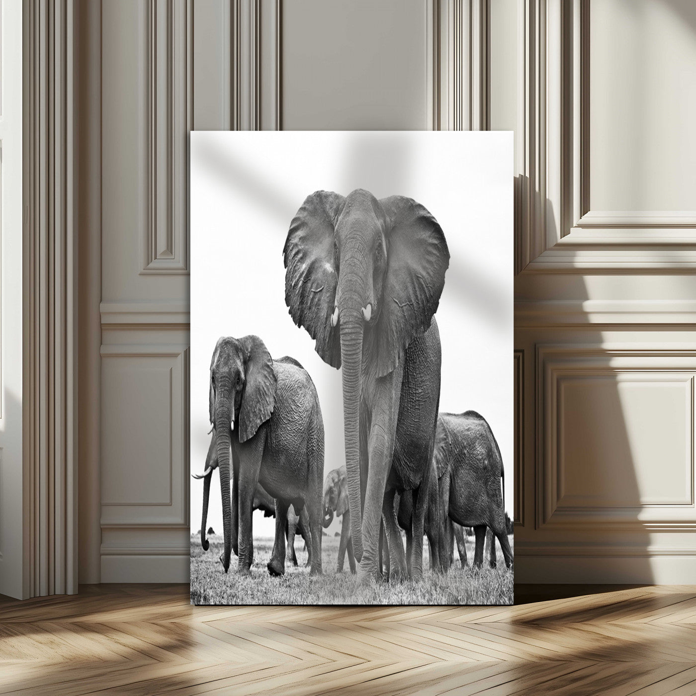79634-MGV-CV-24X36-Elephant Herd Wall Art Canvas Print, Framed African Elephant Art Picture Print, Monochrome Wildlife Perfect Monochrome Safari