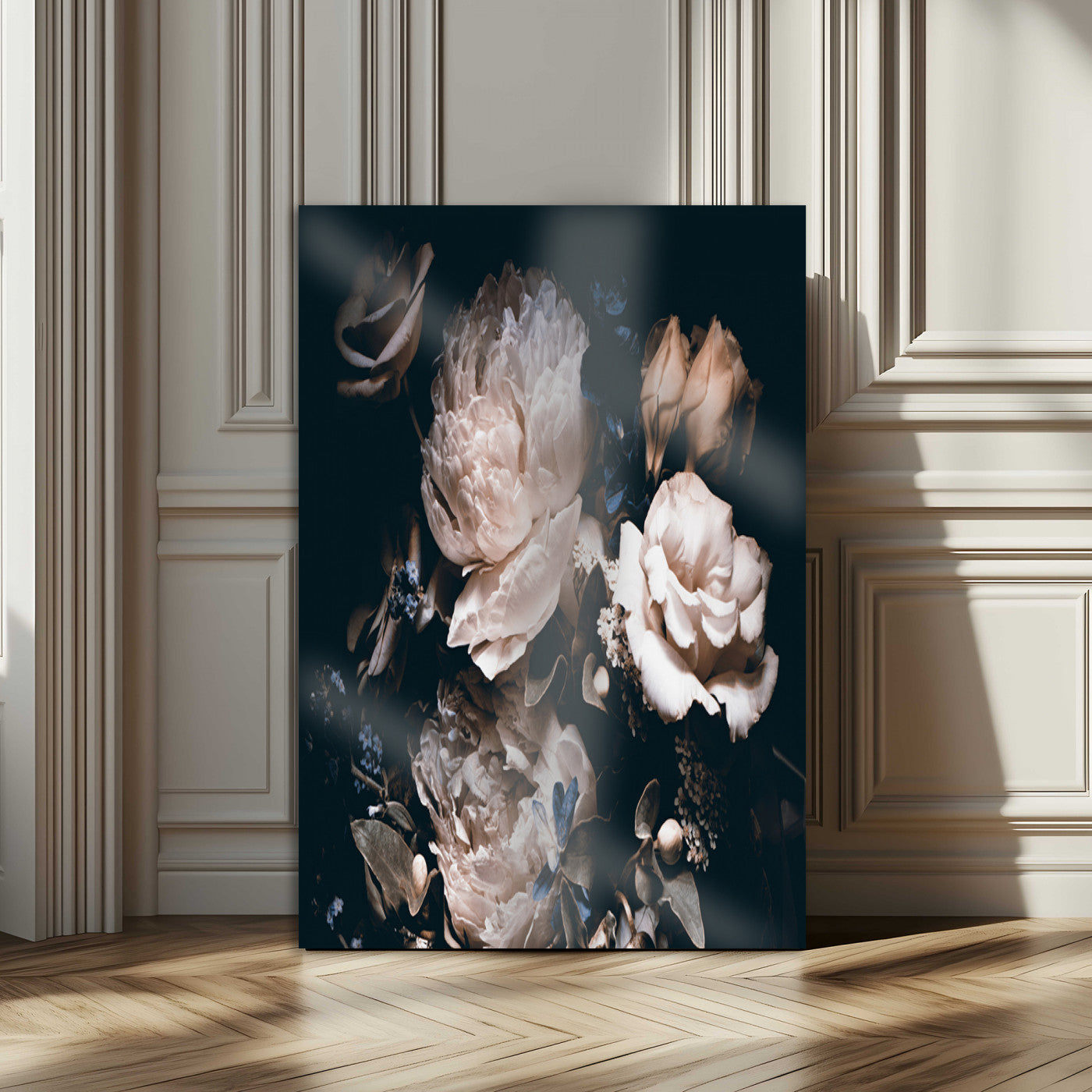 47195-MGV-CV-24X36-Moody Peonies Wall Art Canvas Print, Framed Dark Floral Art Picture Print, Creamy Rose Perfect Baroque Floral Decor Artwork