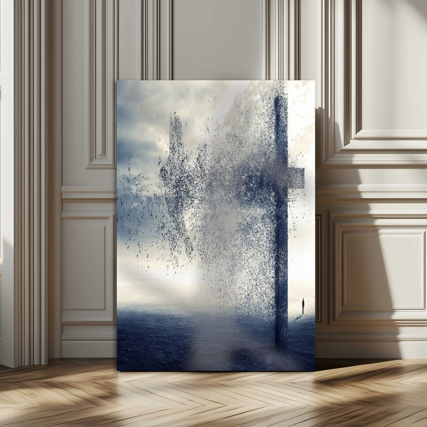 98984-MGV-CV-24X36-Disintegrating Cross Wall Art Canvas Print, Framed Abstract Symbol Art Picture Print, Conceptual Horizon Perfect Spiritual