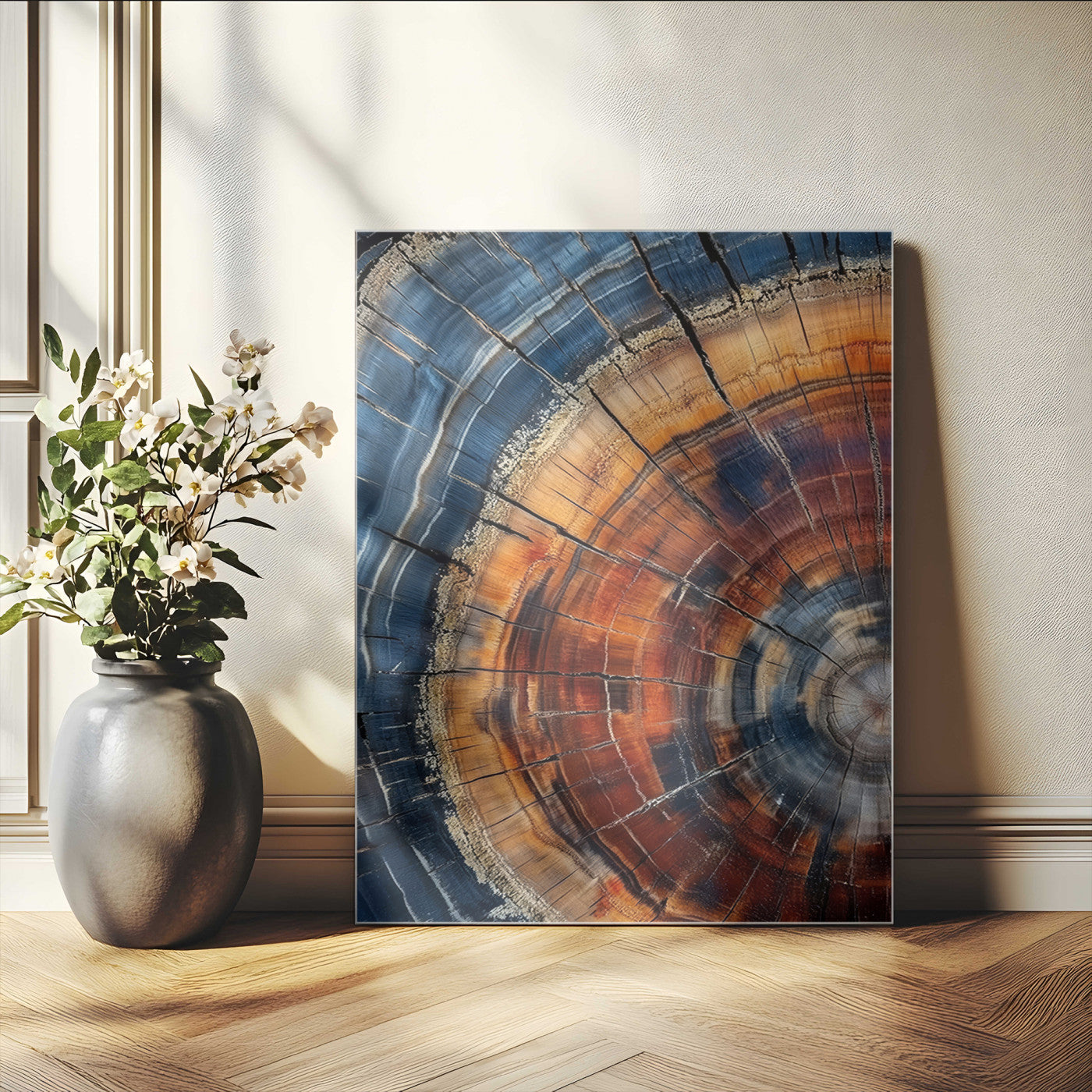 38379387-MGV-CV-24X36-Tree Rings Wall Art Canvas Print, Framed Wood Texture Art Picture Print, Blue Grain Perfect Earthy Modern Decor Artwork