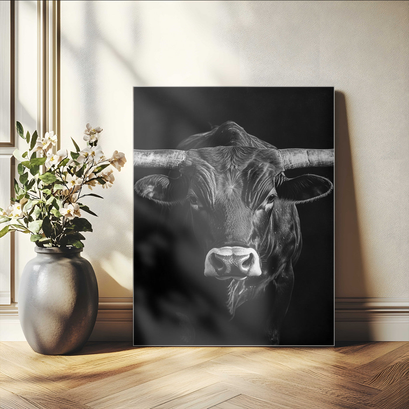75358747-MGV-CV-24X36-Texas Longhorn Wall Art Canvas Print, Framed Monochrome Bull Art Picture Print, Horned Bull Perfect Minimalist Western Decor