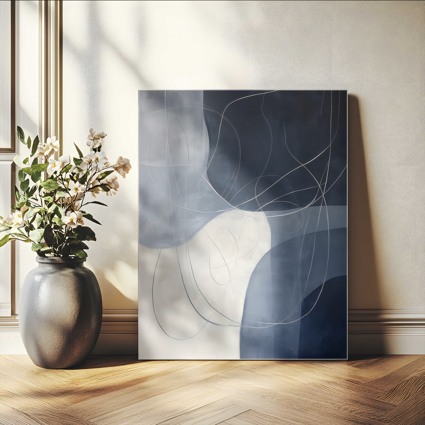 62566633-MGV-CV-24X36-Navy Abstract Wall Art Canvas Print, Framed Minimal Lineart Art Picture Print, Abstract Shapes Perfect Minimalist Abstract Decor