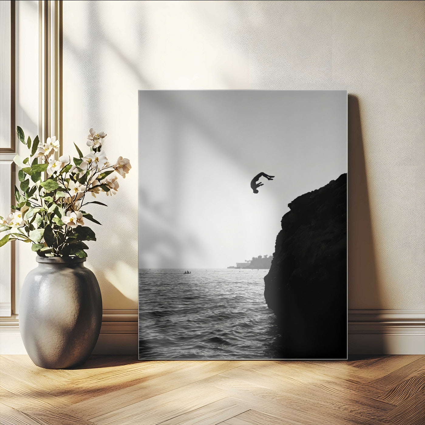 99497106-MGV-CV-24X36-Cliff Jumping Wall Art Canvas Print, Framed Black White Ocean Art Picture Print, Monochrome Cliff Perfect Minimalist Adventure