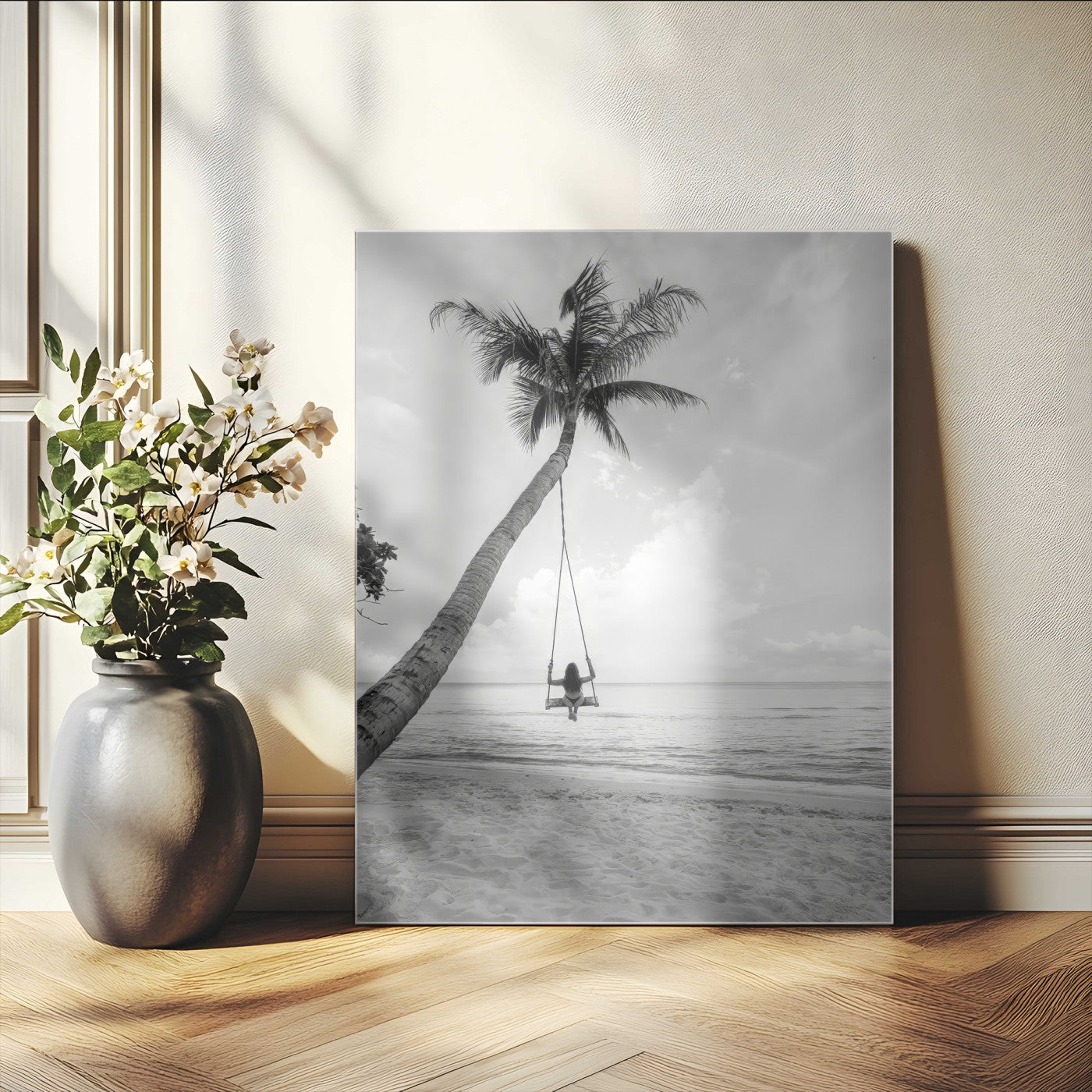 78460277-MGV-CV-24X36-Black White Palms Wall Art Canvas Print, Framed Beach Swing Art Picture Print, Monochrome Coastal Perfect Minimalist Coastal Decor