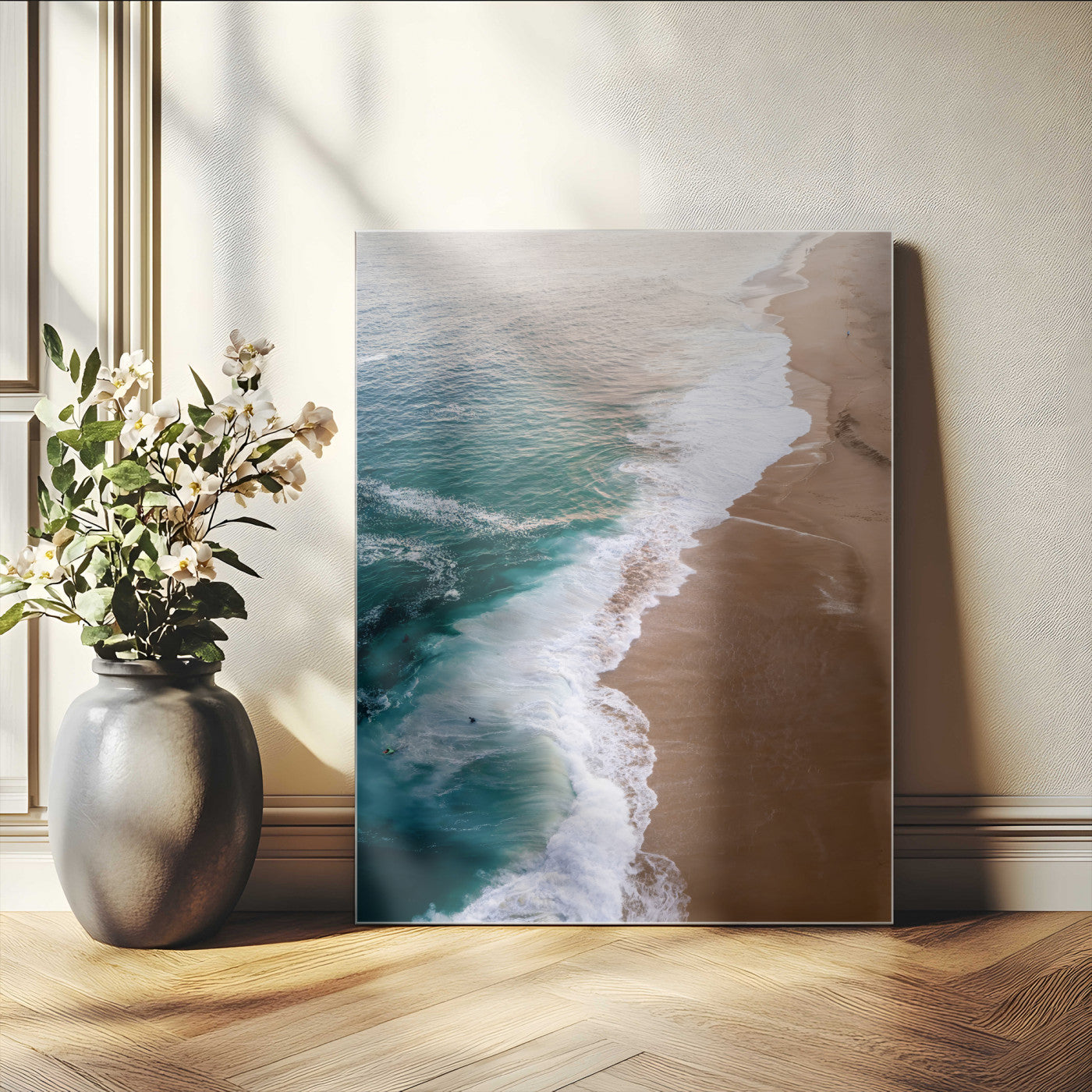 46042804-MGV-CV-24X36-Aerial Beach Wall Art Canvas Print, Framed Coastal Waves Art Picture Print, Turquoise Ocean Perfect Modern Coastal Decor Artwork
