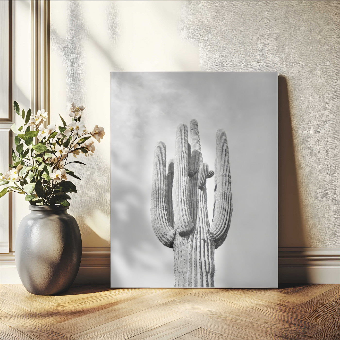 17148959-MGV-CV-24X36-Saguaro Cactus Wall Art Canvas Print, Framed Monochrome Desert Art Picture Print, Black White Cactus Perfect Southwestern