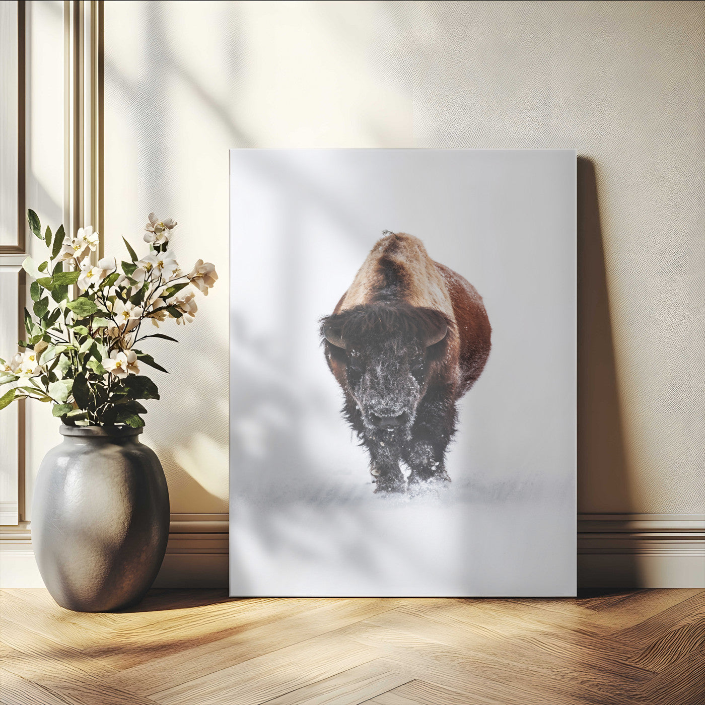 11394883-MGV-CV-24X36-Winter Bison Wall Art Canvas Print, Framed Rustic Wildlife Art Picture Print, Bold Animal Art Perfect Rustic Lodge Decor Artwork