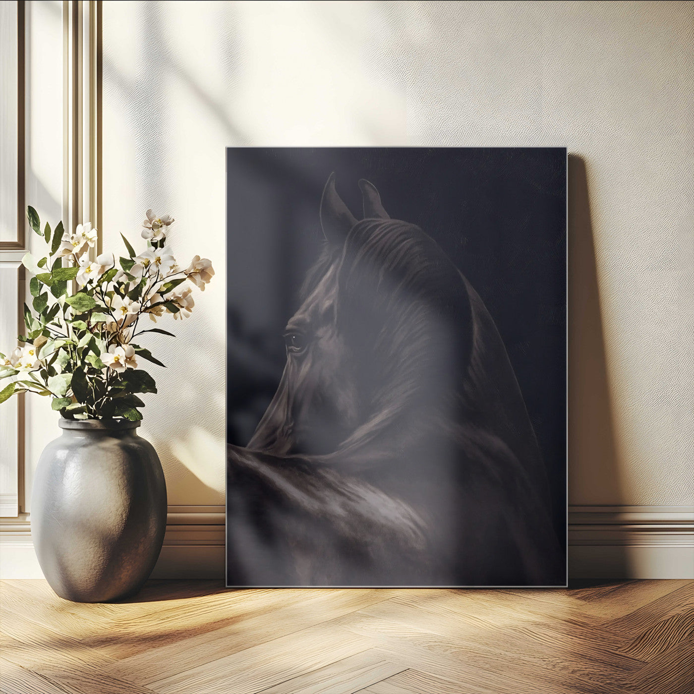 67026880-MGV-CV-24X36-Black Horse Portrait Wall Art Canvas Print, Framed Moody Horse Decor Art Picture Print, Equestrian Wall Style Perfect Masculine