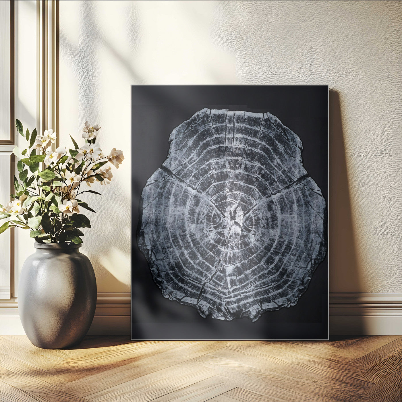 67859667-MGV-CV-24X36-Tree Ring Wall Art Wall Art Canvas Print, Framed Wood Slice Canvas Art Picture Print, Monochrome Nature Decor Perfect Modern